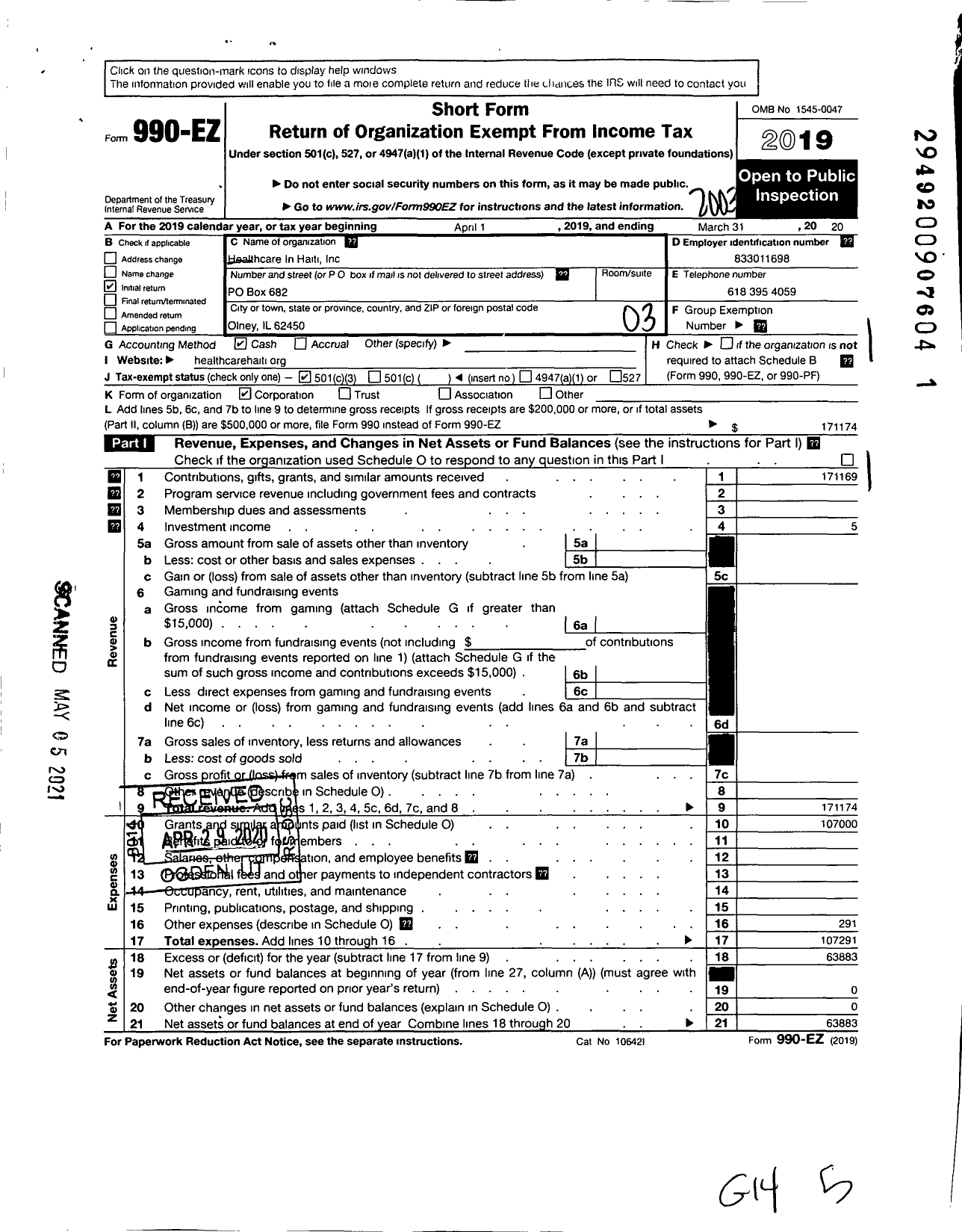 Image of first page of 2019 Form 990EZ for Bethesda Medical Center