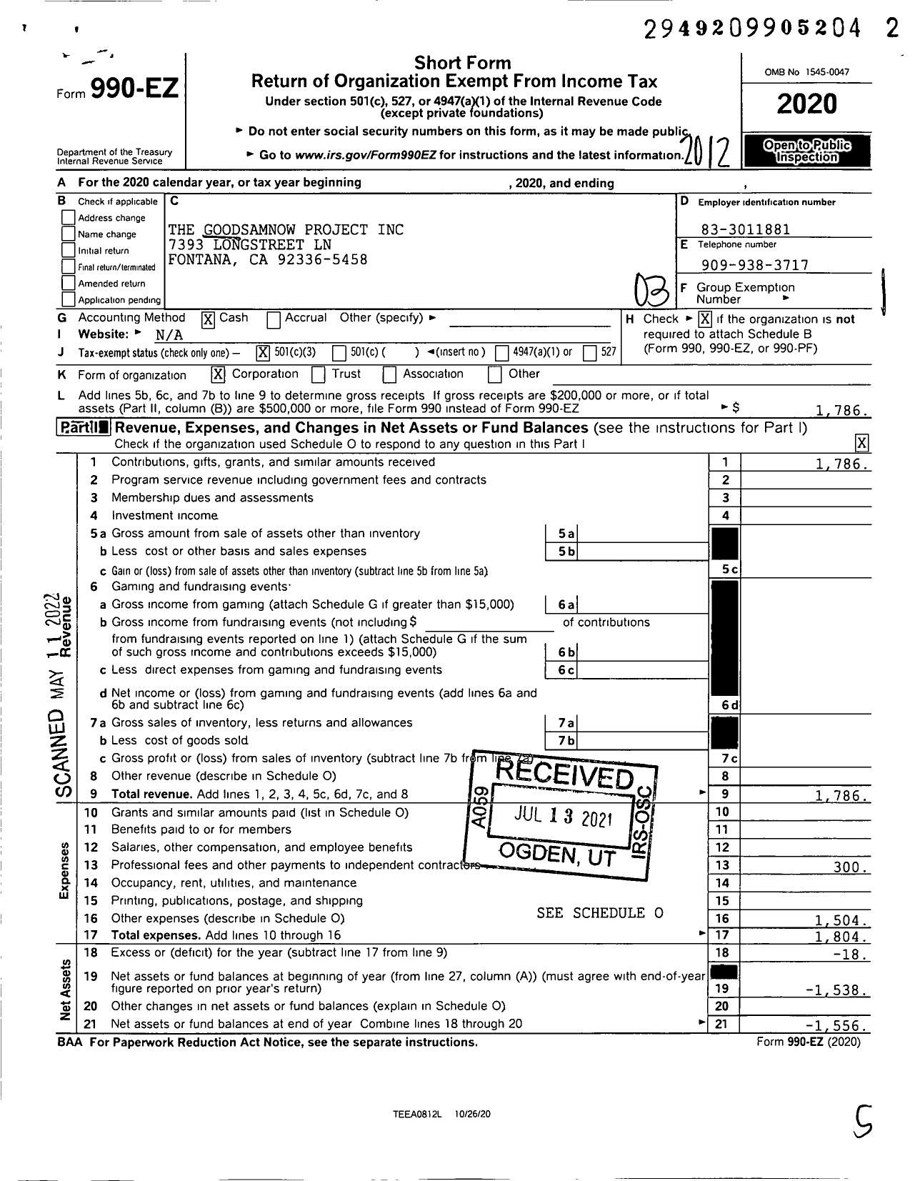 Image of first page of 2020 Form 990EZ for The Goodsamnow Project