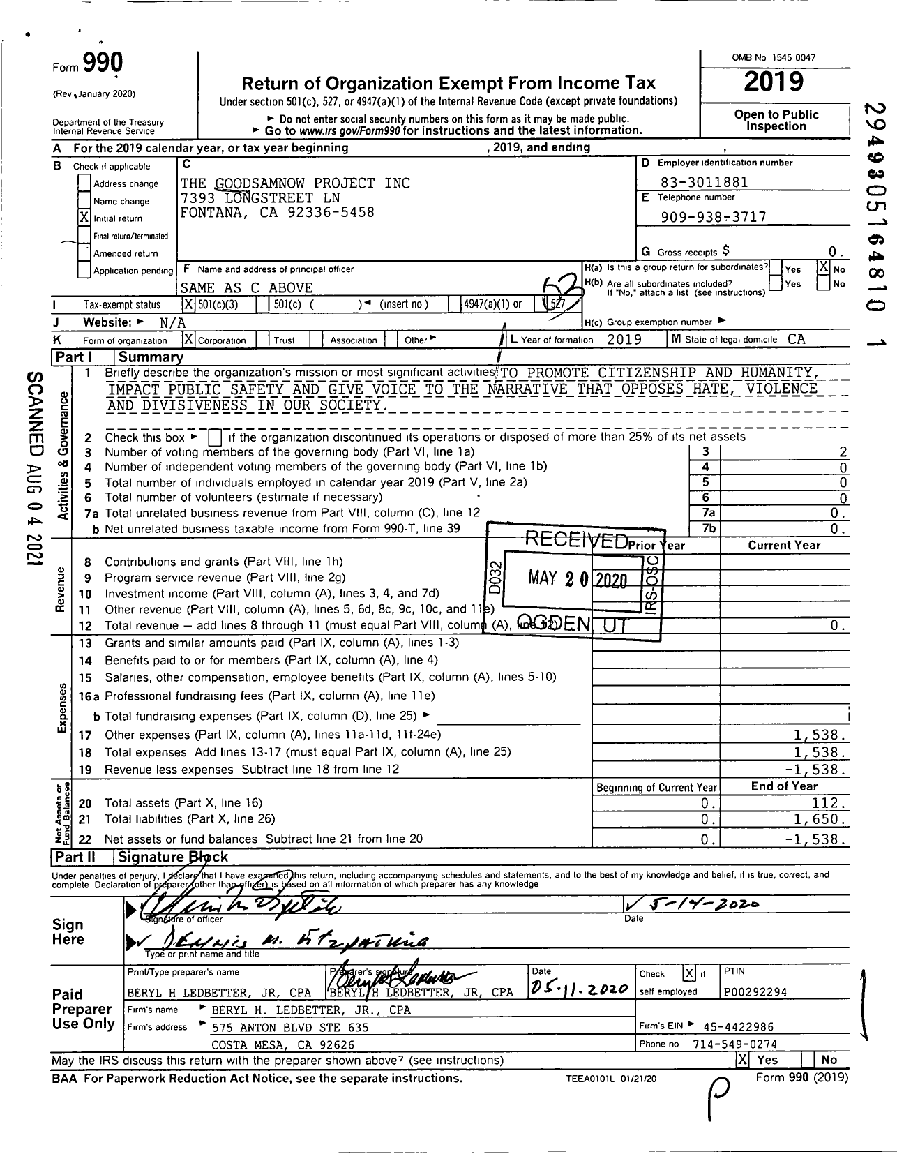 Image of first page of 2019 Form 990 for The Goodsamnow Project