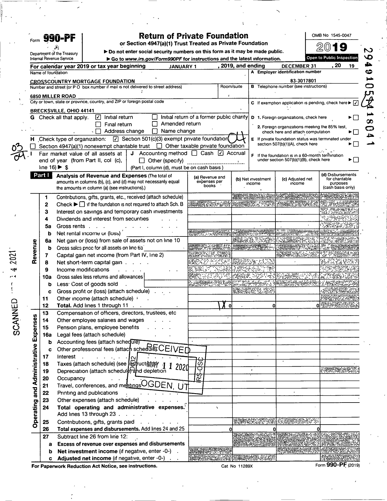 Image of first page of 2019 Form 990PF for Crosscountry Mortgage Foundation