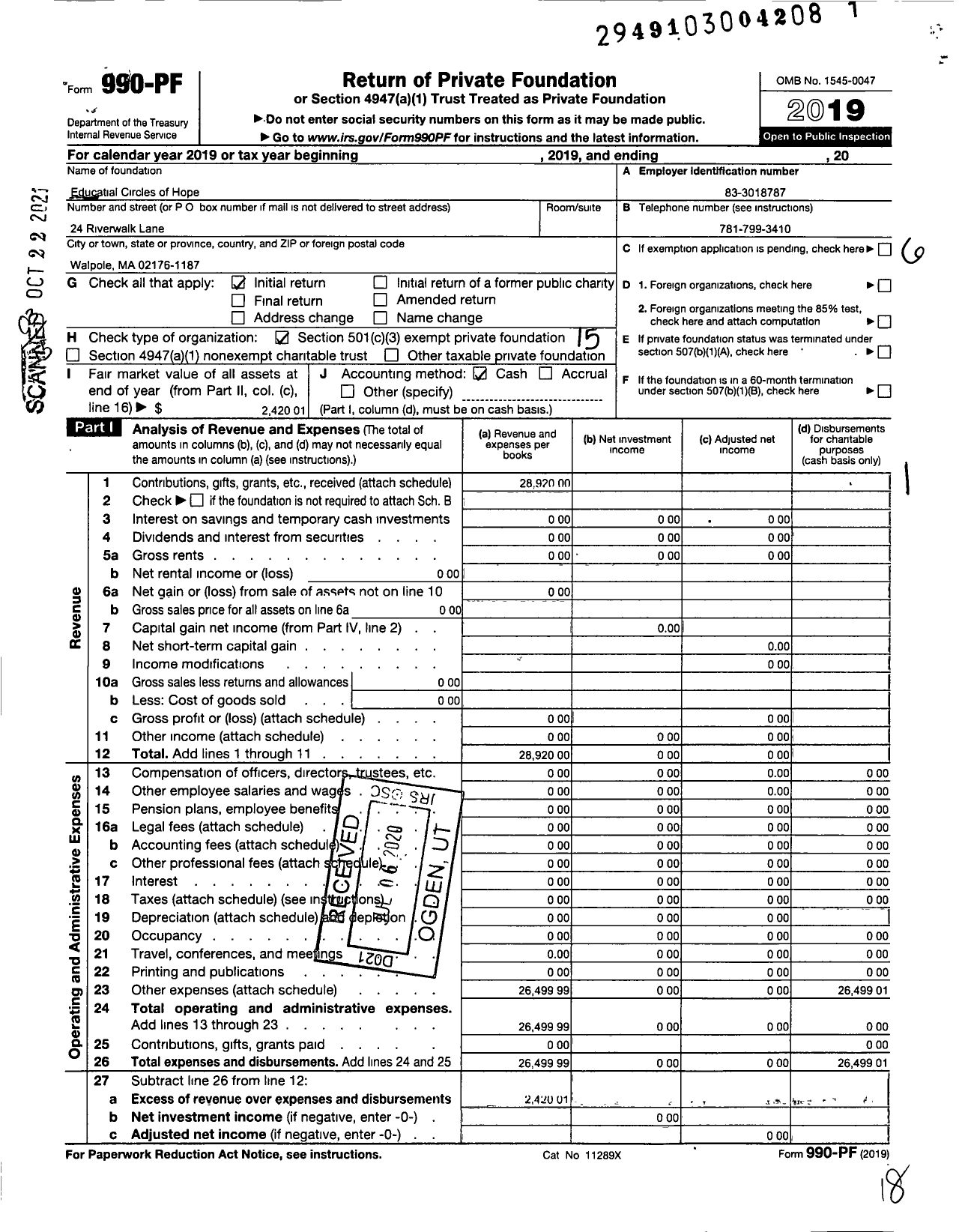 Image of first page of 2019 Form 990PF for Educational Circles of Hope