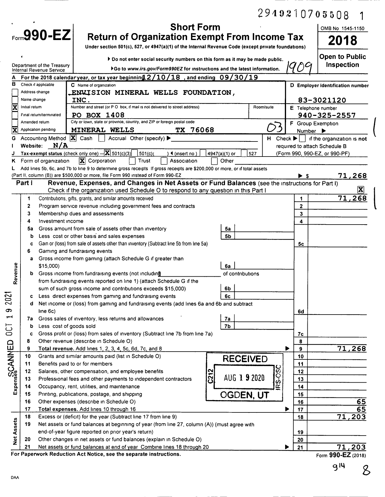 Image of first page of 2018 Form 990EZ for Envision Mineral Wells Foundation