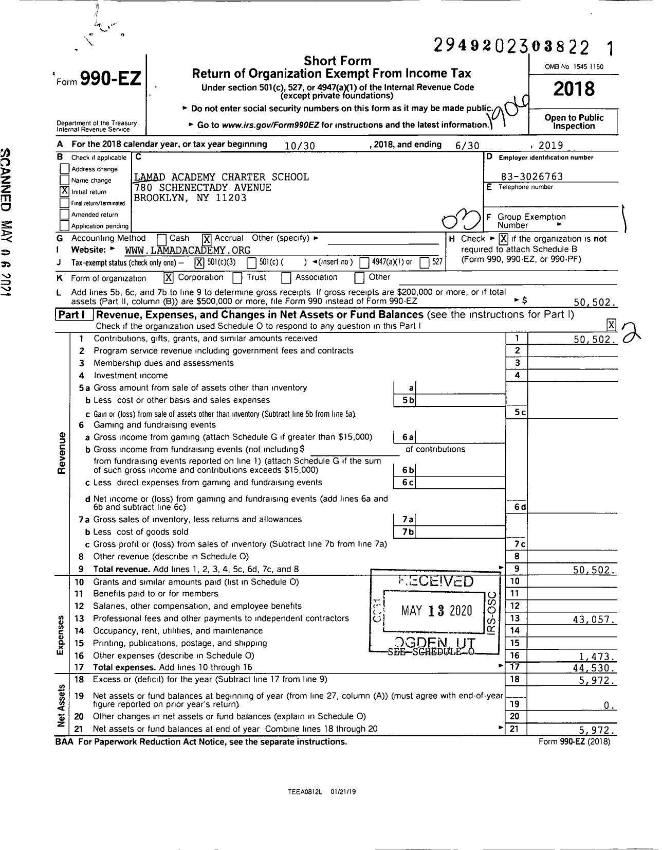 Image of first page of 2018 Form 990EZ for Lamad Academy Charter School