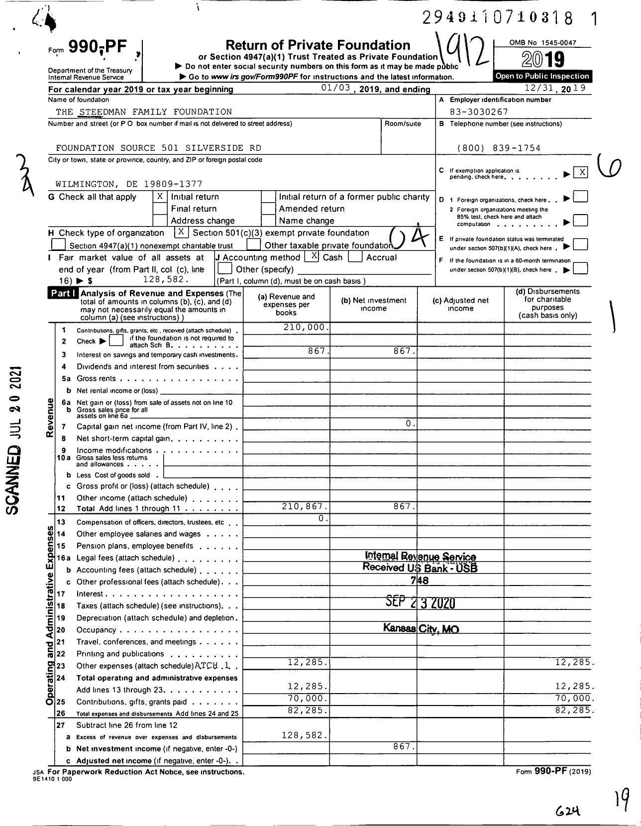 Image of first page of 2019 Form 990PF for The Steedman Family Foundation