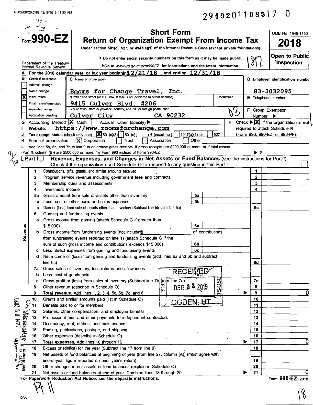 Image of first page of 2018 Form 990EZ for Rooms for Change Travel