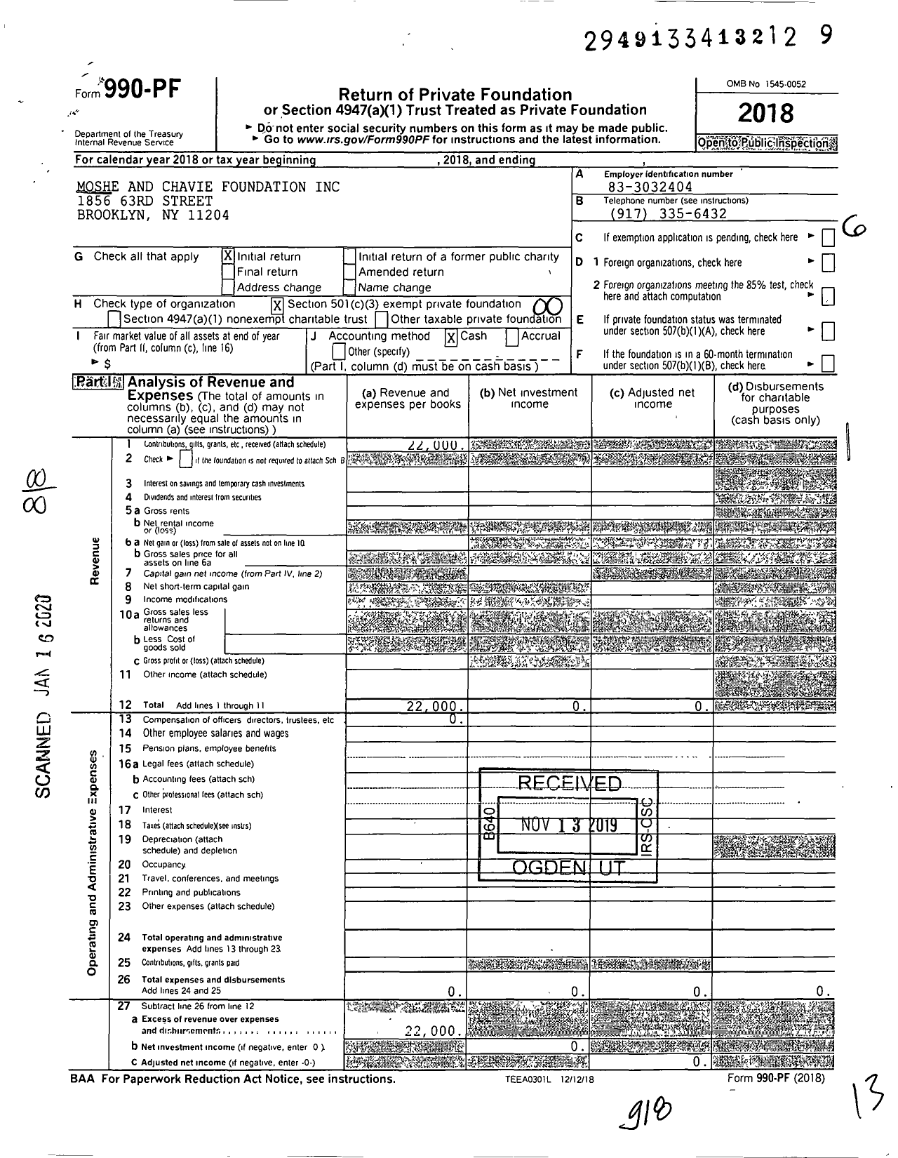 Image of first page of 2018 Form 990PF for Moshe and Chavie Foundation