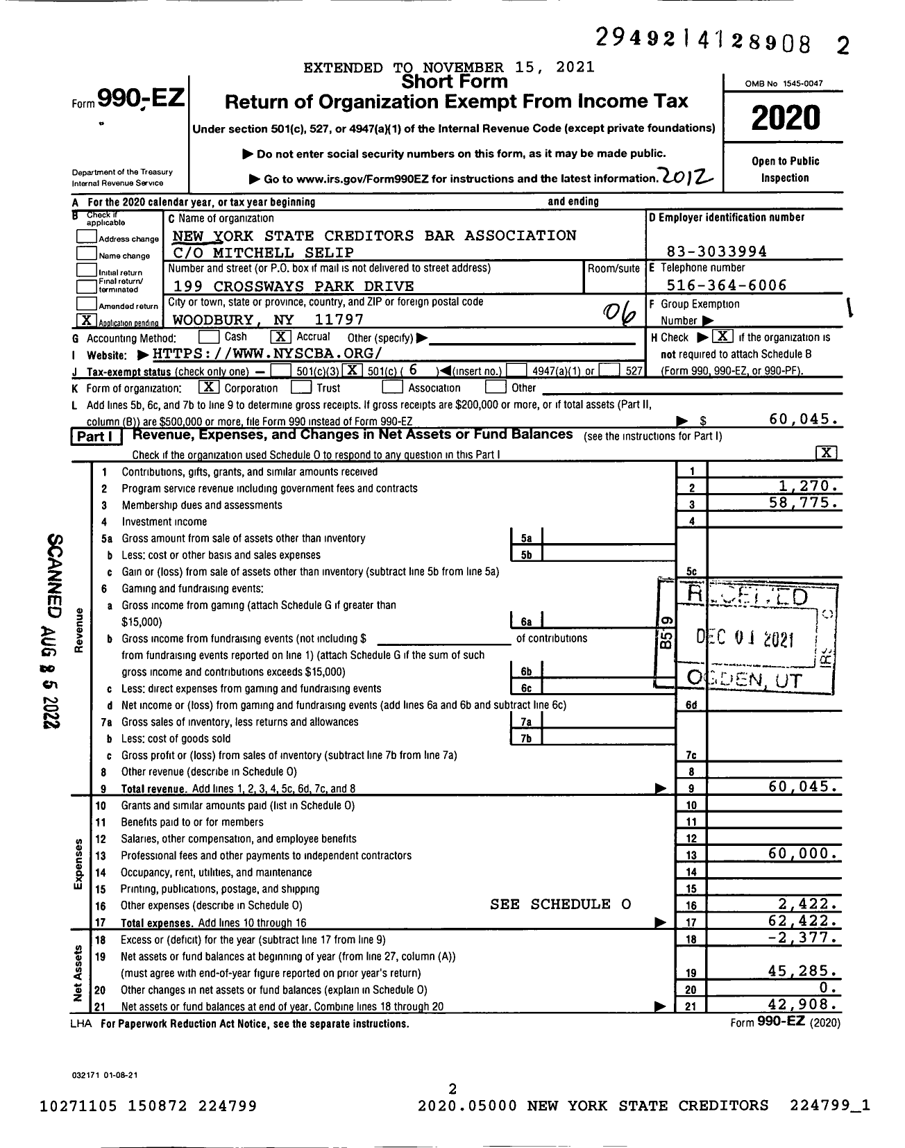 Image of first page of 2020 Form 990EO for New York State Creditors Bar Association