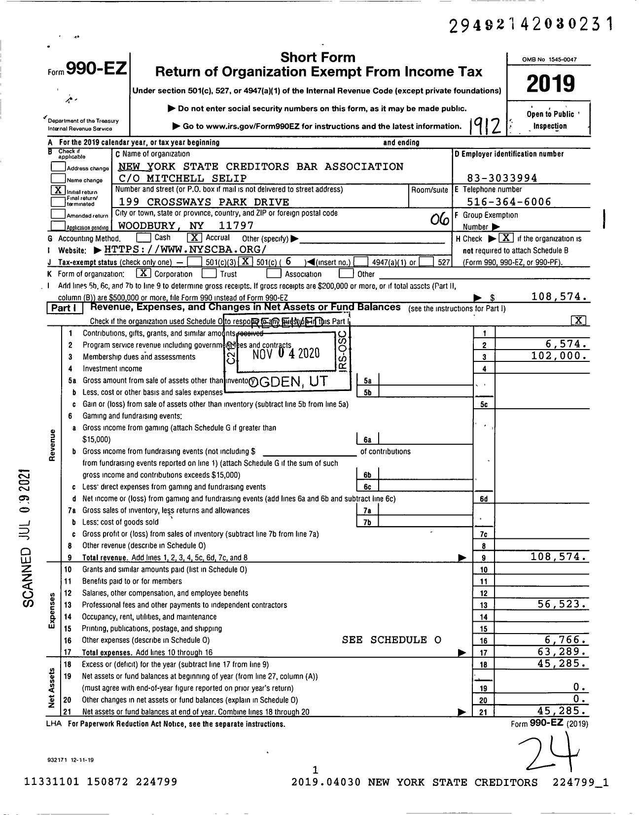 Image of first page of 2019 Form 990EO for New York State Creditors Bar Association