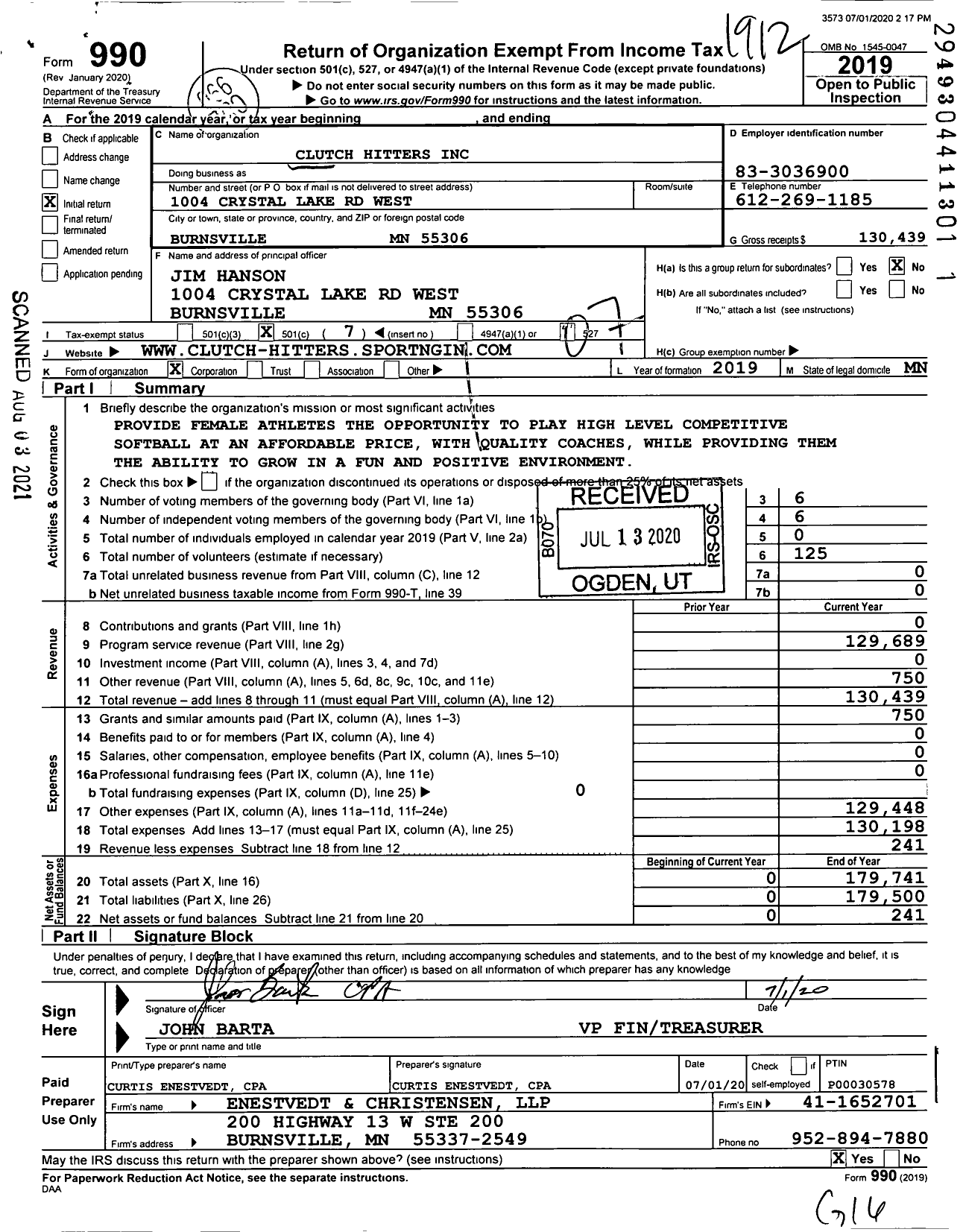 Image of first page of 2019 Form 990O for Clutch Hitters