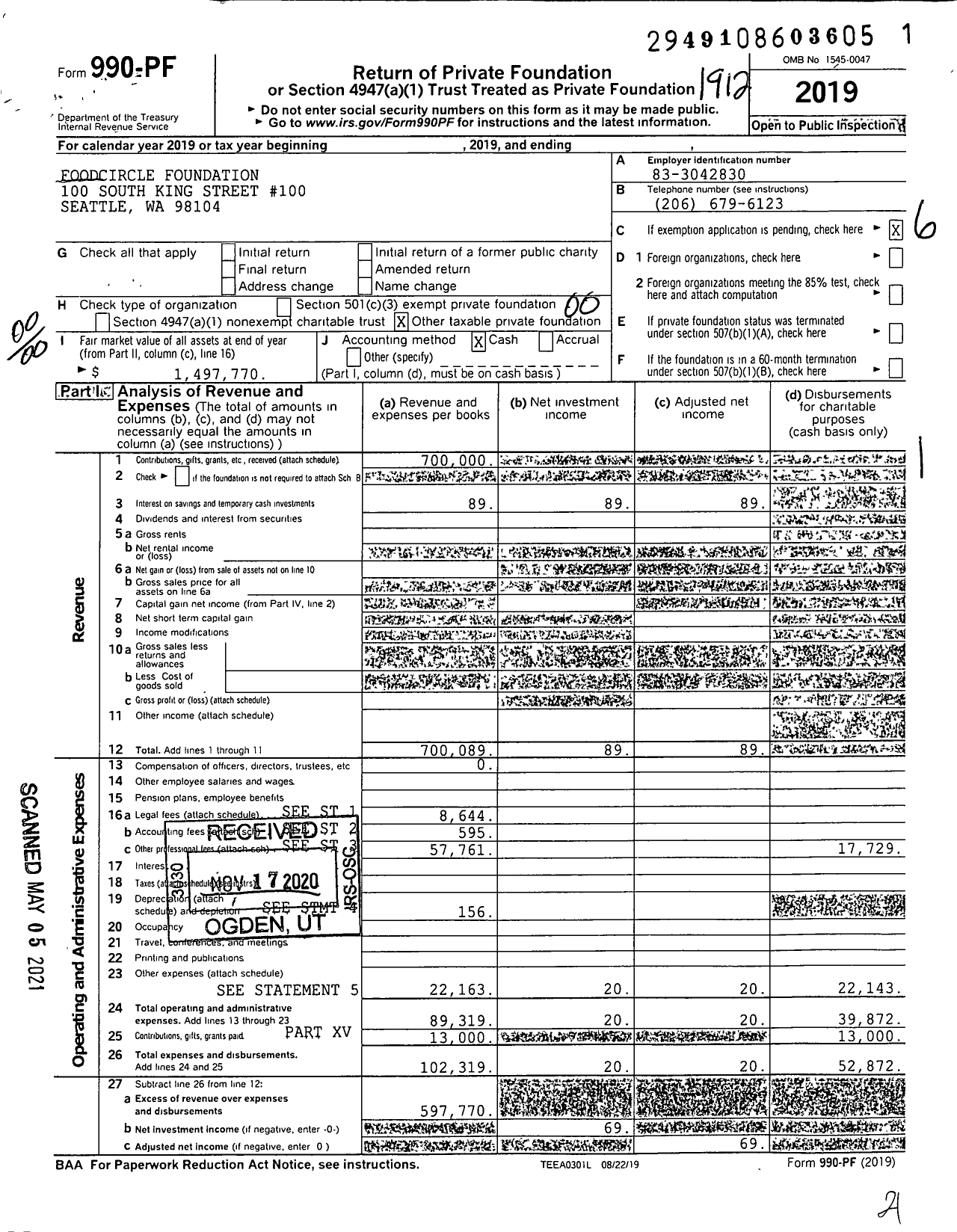 Image of first page of 2019 Form 990PF for Foodcircle Foundation