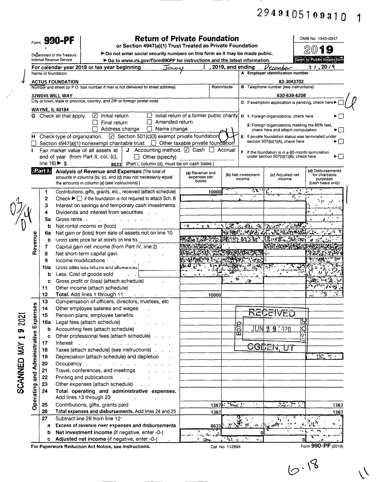 Image of first page of 2019 Form 990PF for Actus Foundation