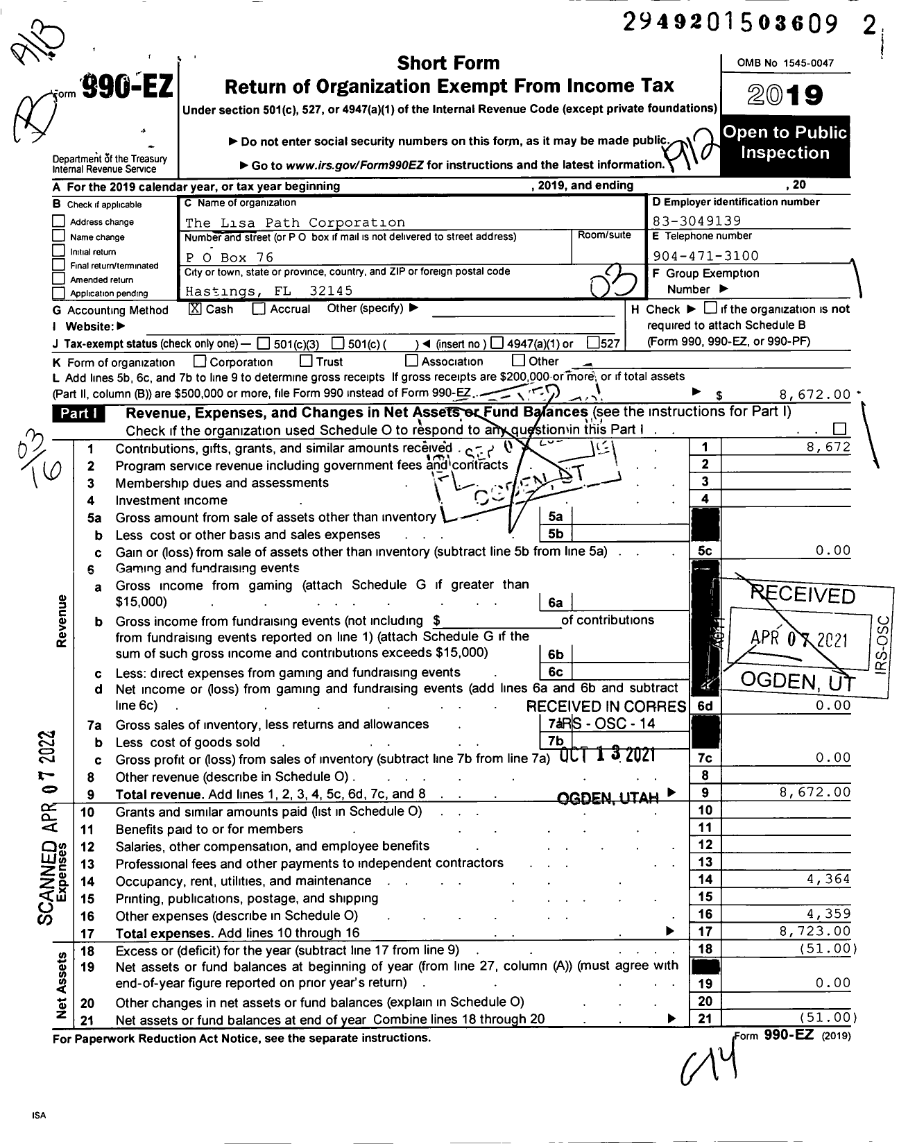 Image of first page of 2019 Form 990EZ for LISA Path Corporation