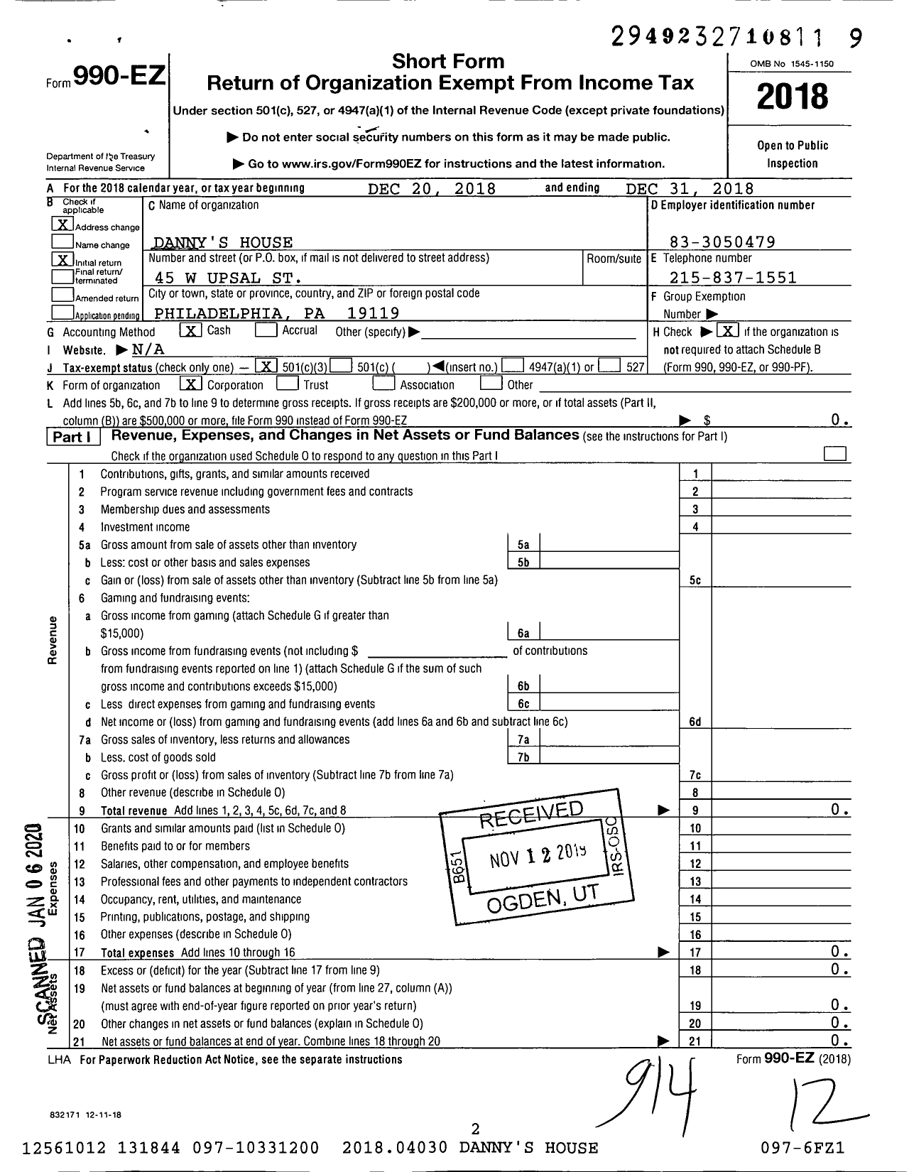 Image of first page of 2018 Form 990EZ for Danny's House