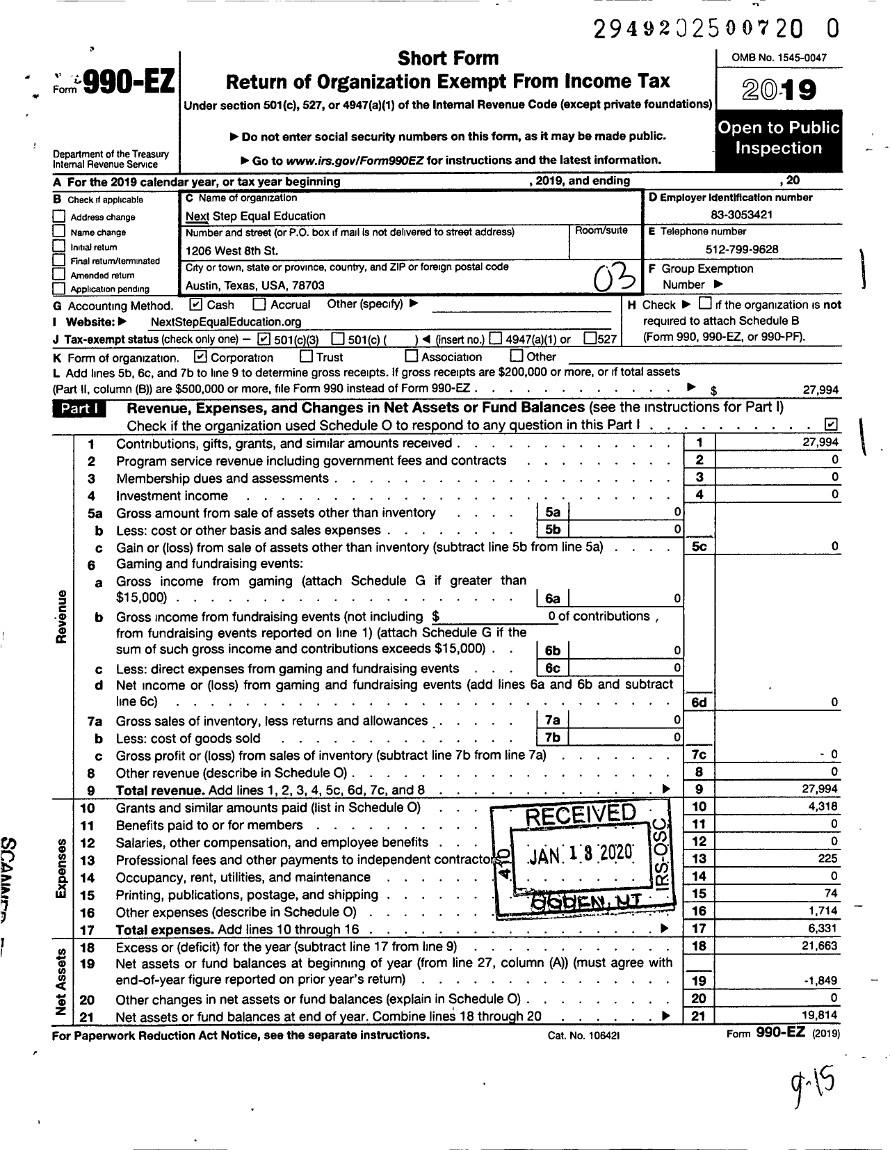 Image of first page of 2018 Form 990EZ for Next Step Equal Education