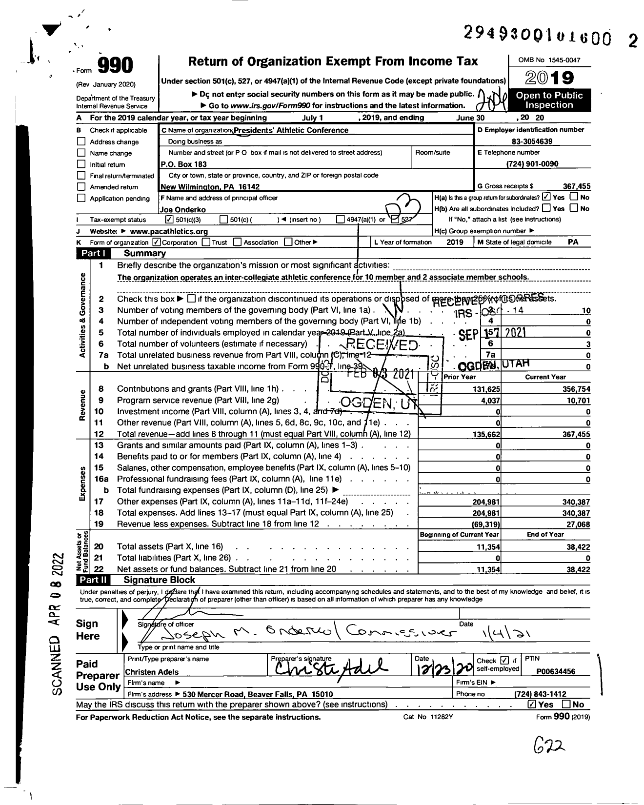 Image of first page of 2019 Form 990 for Presidents Athletic Conference