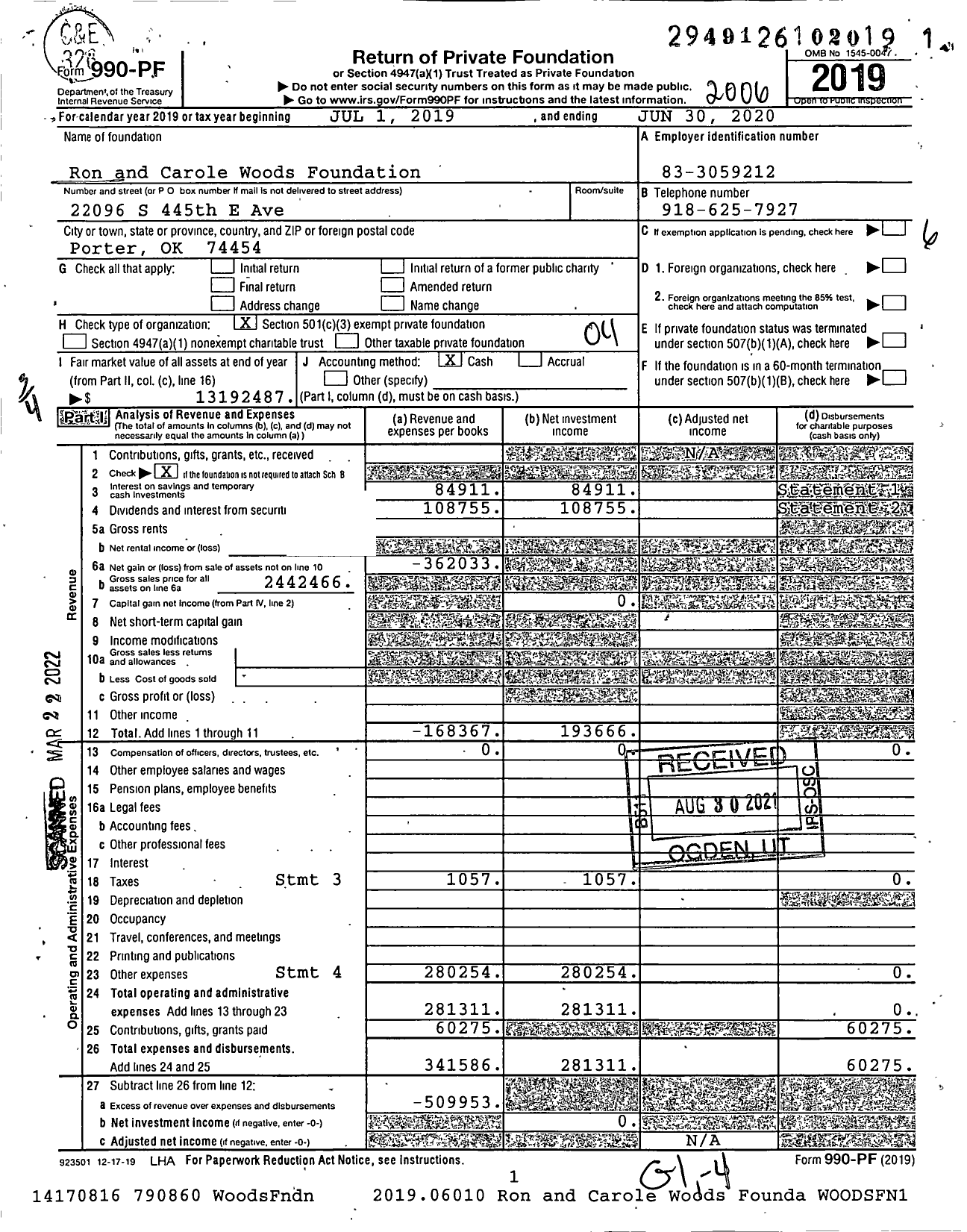 Image of first page of 2019 Form 990PF for Ron and Carole Woods Foundation