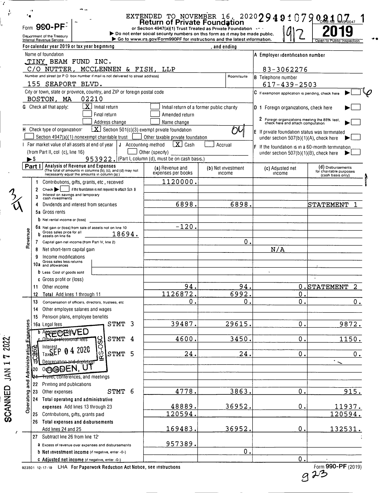 Image of first page of 2019 Form 990PF for Tiny Beam Fund