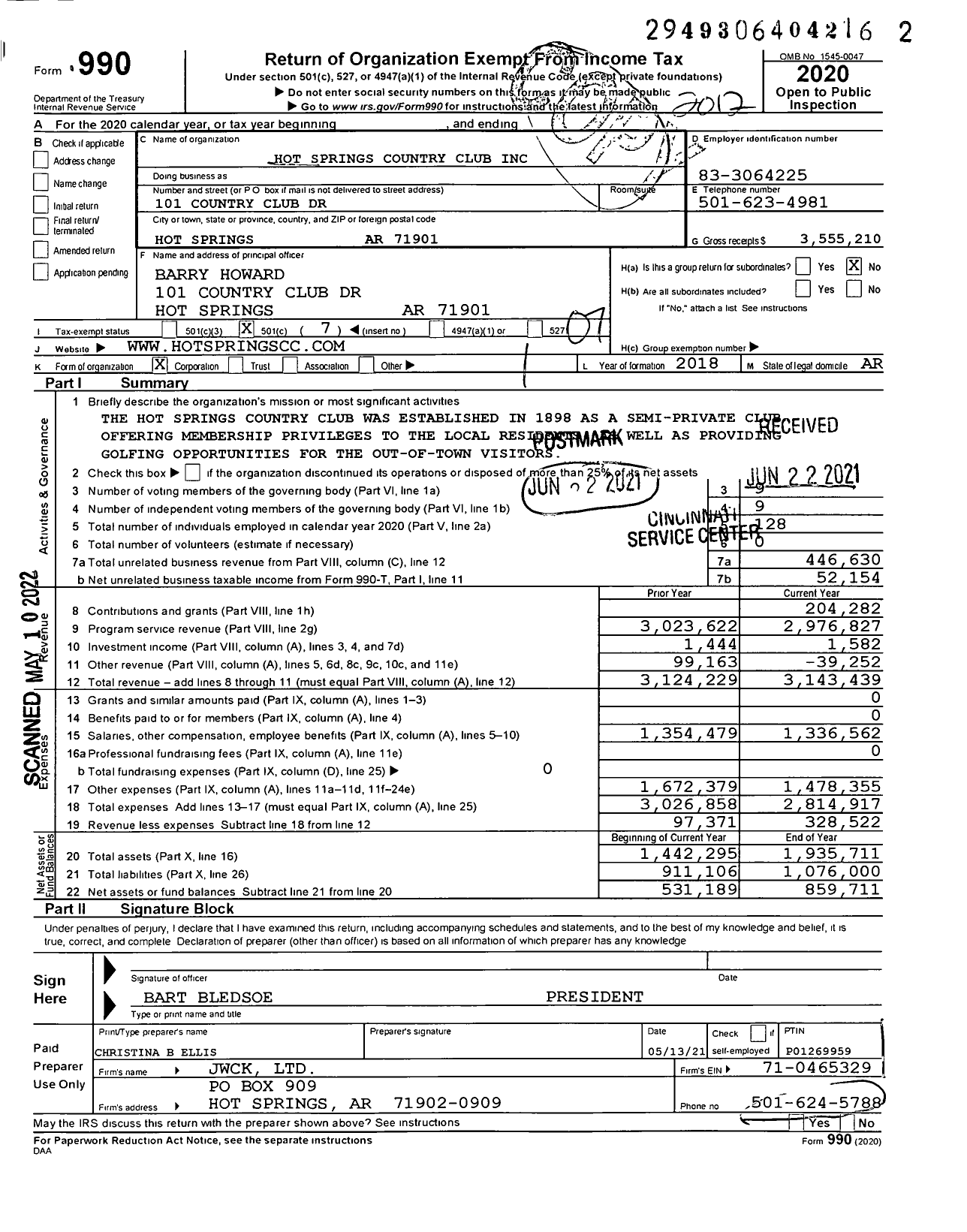 Image of first page of 2020 Form 990O for Hot Springs Country Club