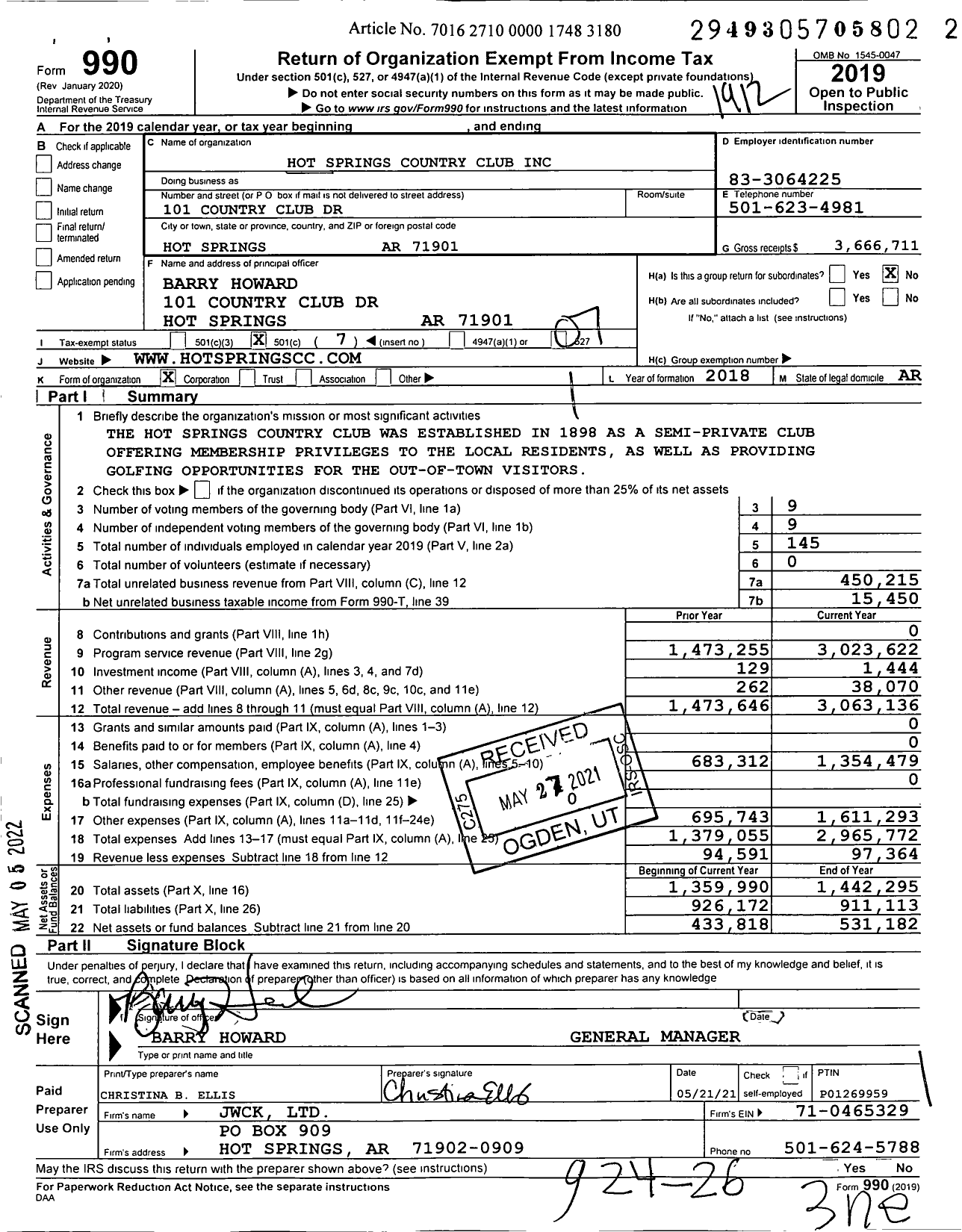 Image of first page of 2019 Form 990O for Hot Springs Country Club