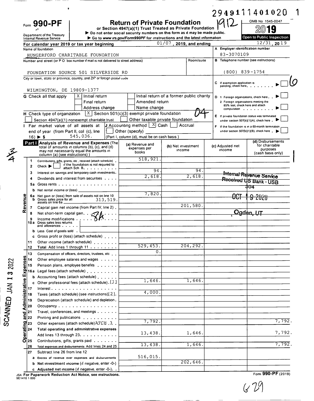 Image of first page of 2019 Form 990PF for Hungerford Charitable Foundation