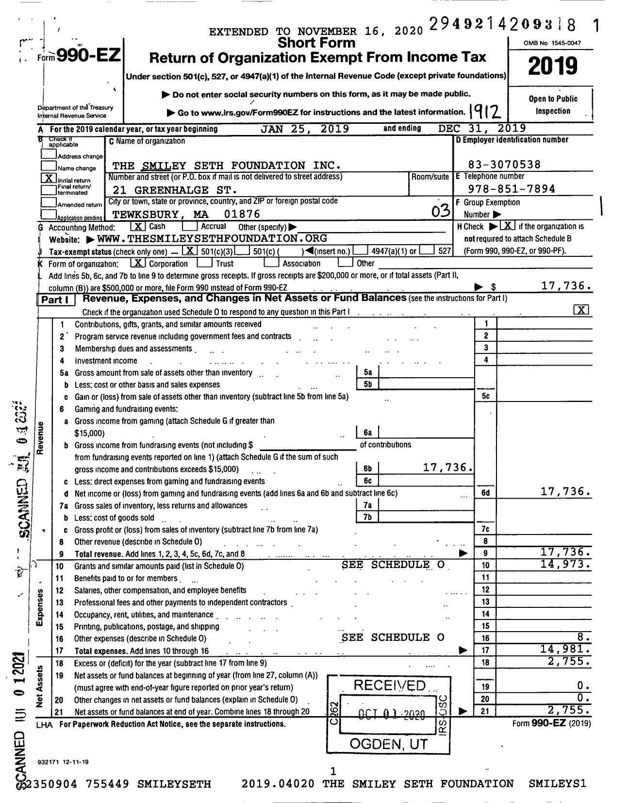 Image of first page of 2019 Form 990EZ for Smiley Seth Foundation