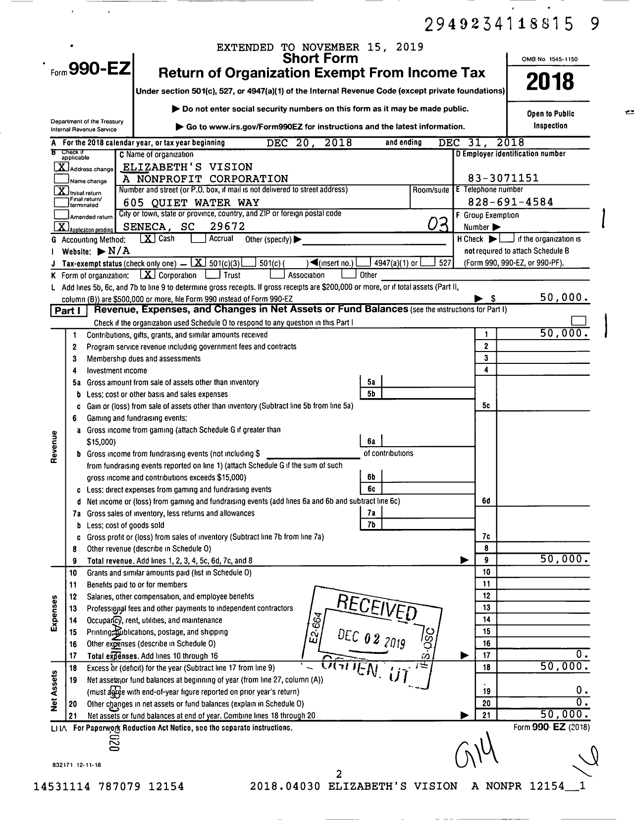 Image of first page of 2018 Form 990EZ for Elizabeth's Vision A Nonprofit Corporation