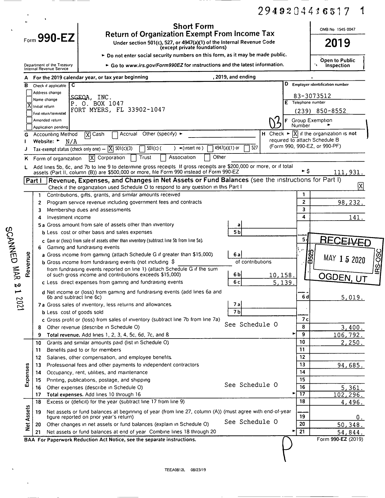 Image of first page of 2019 Form 990EZ for Sgfoa