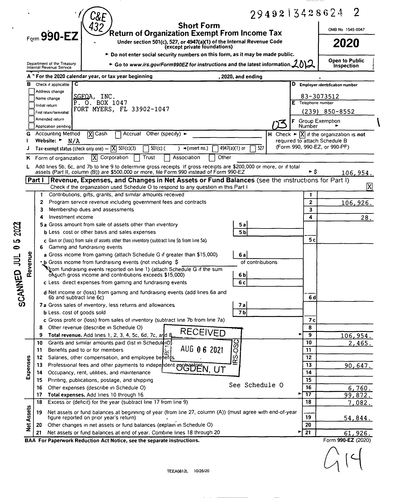 Image of first page of 2020 Form 990EZ for Sgfoa