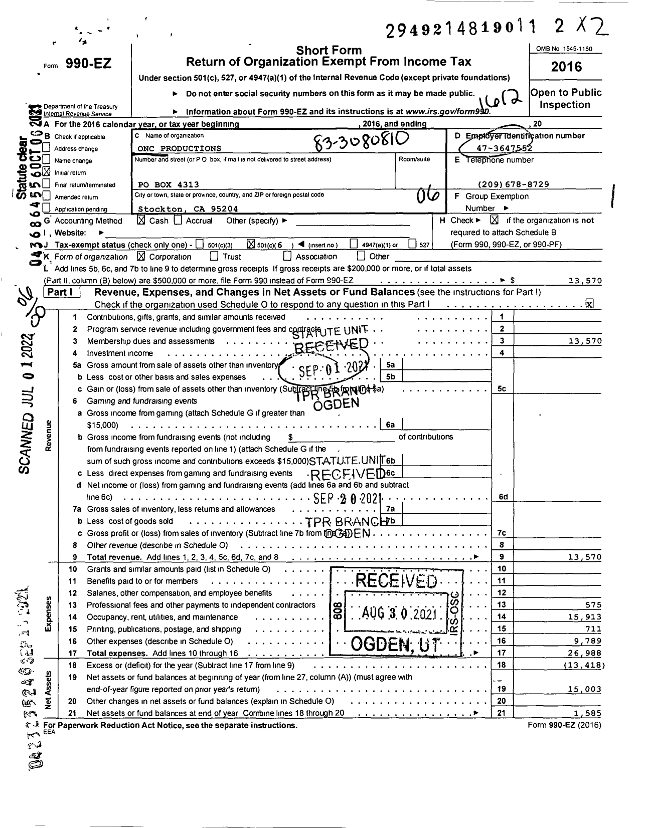 Image of first page of 2016 Form 990EO for Onc Productions