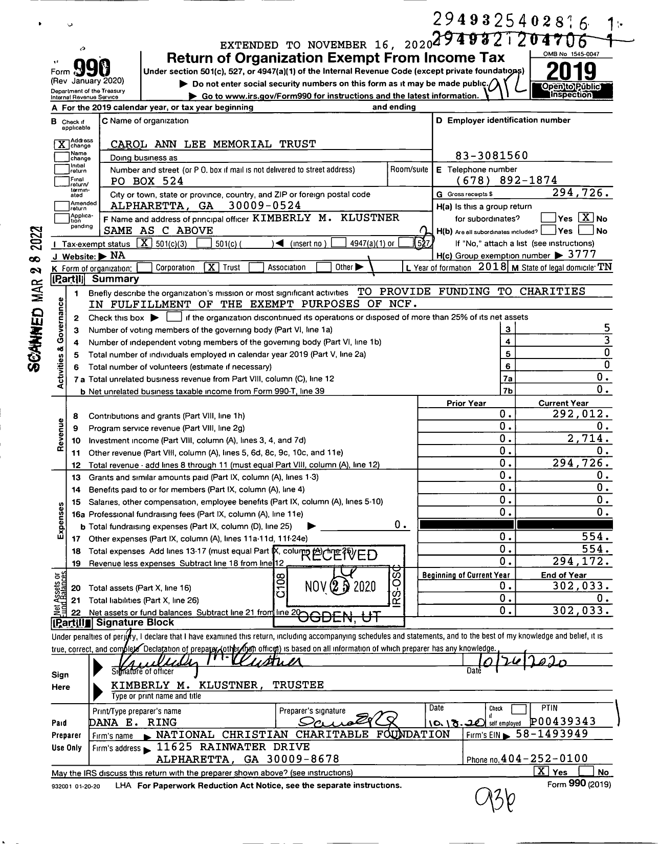 Image of first page of 2019 Form 990 for Carol Ann Lee Memorial Trust