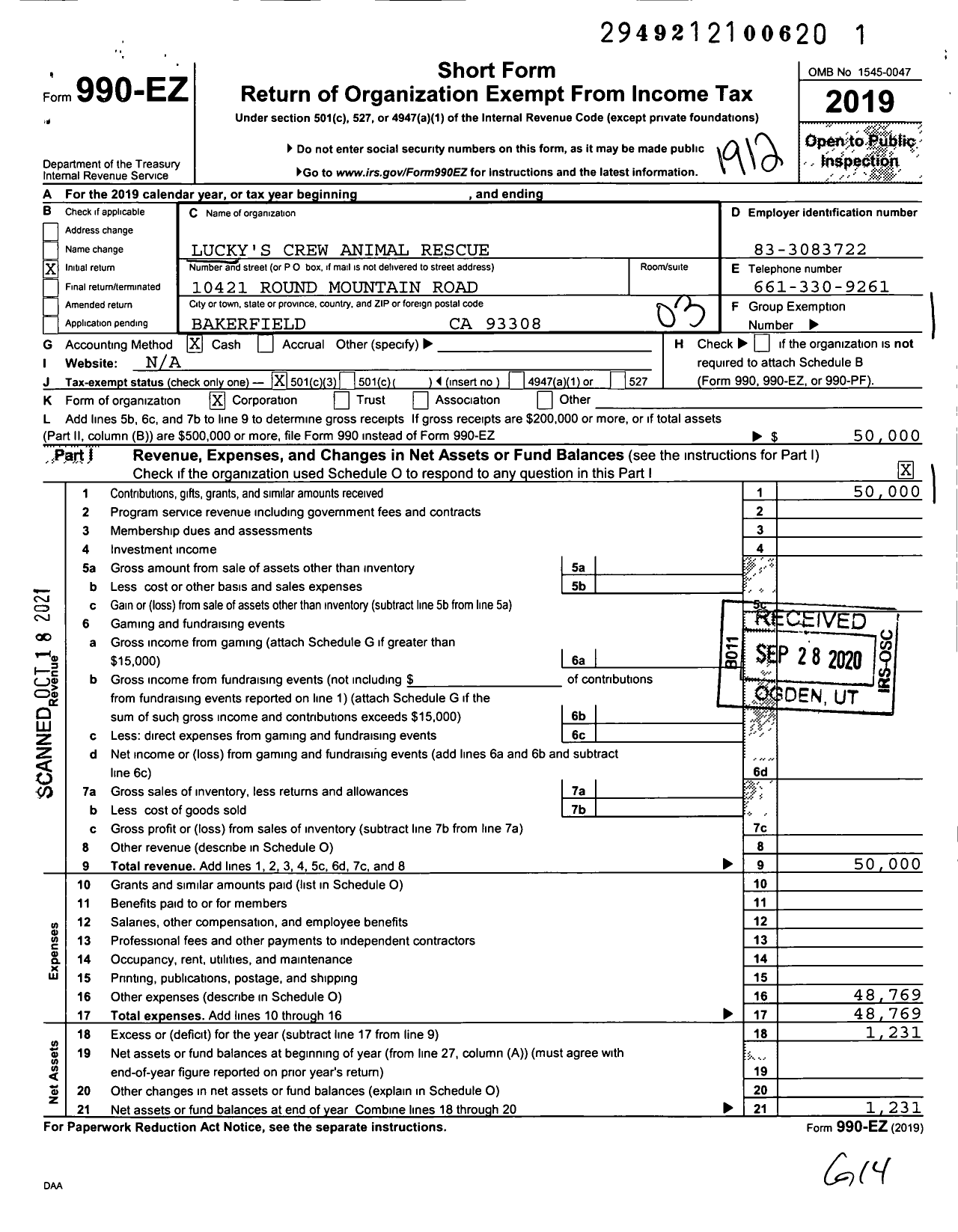 Image of first page of 2019 Form 990EZ for Lucky's Crew Animal Rescue