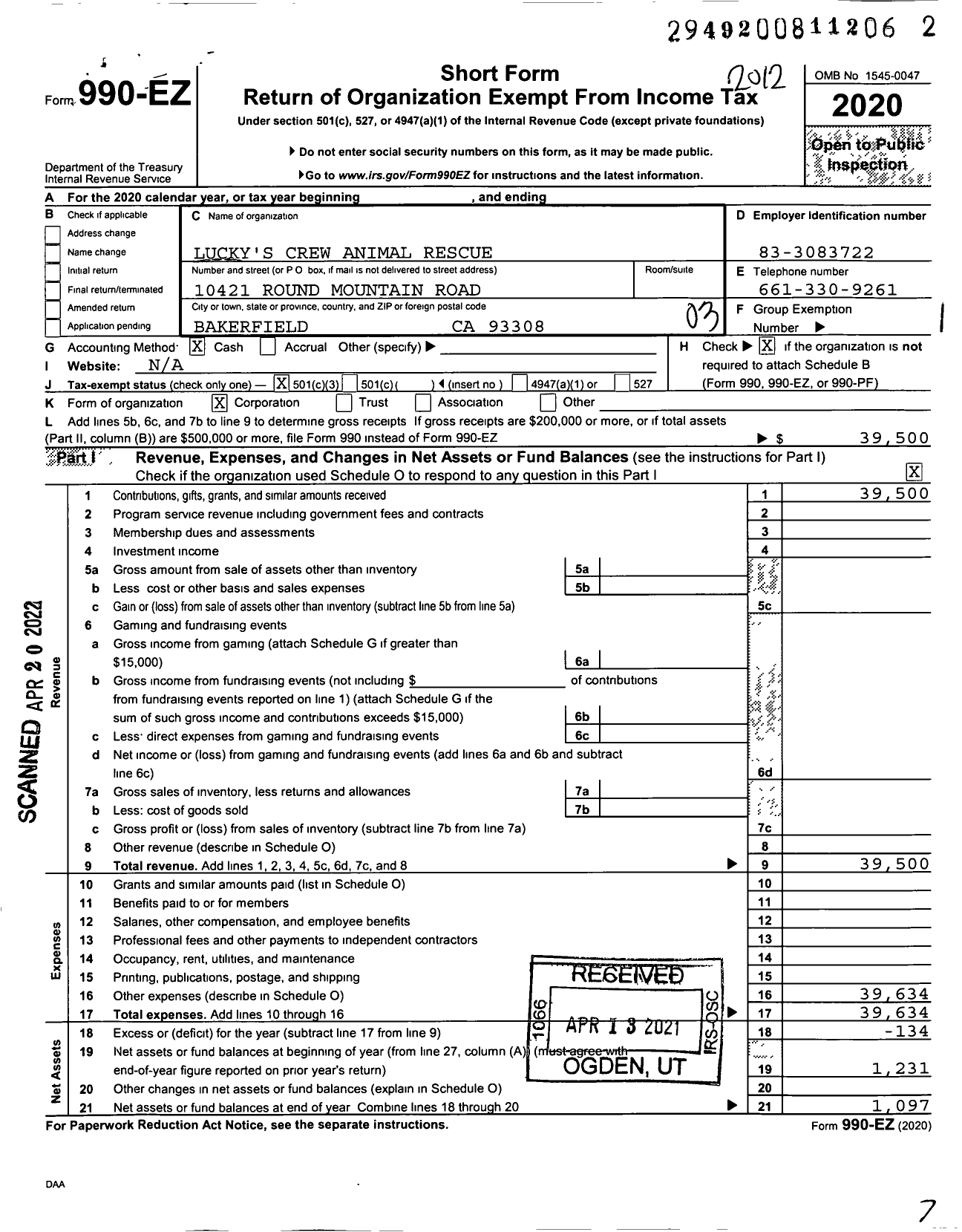 Image of first page of 2020 Form 990EZ for Lucky's Crew Animal Rescue