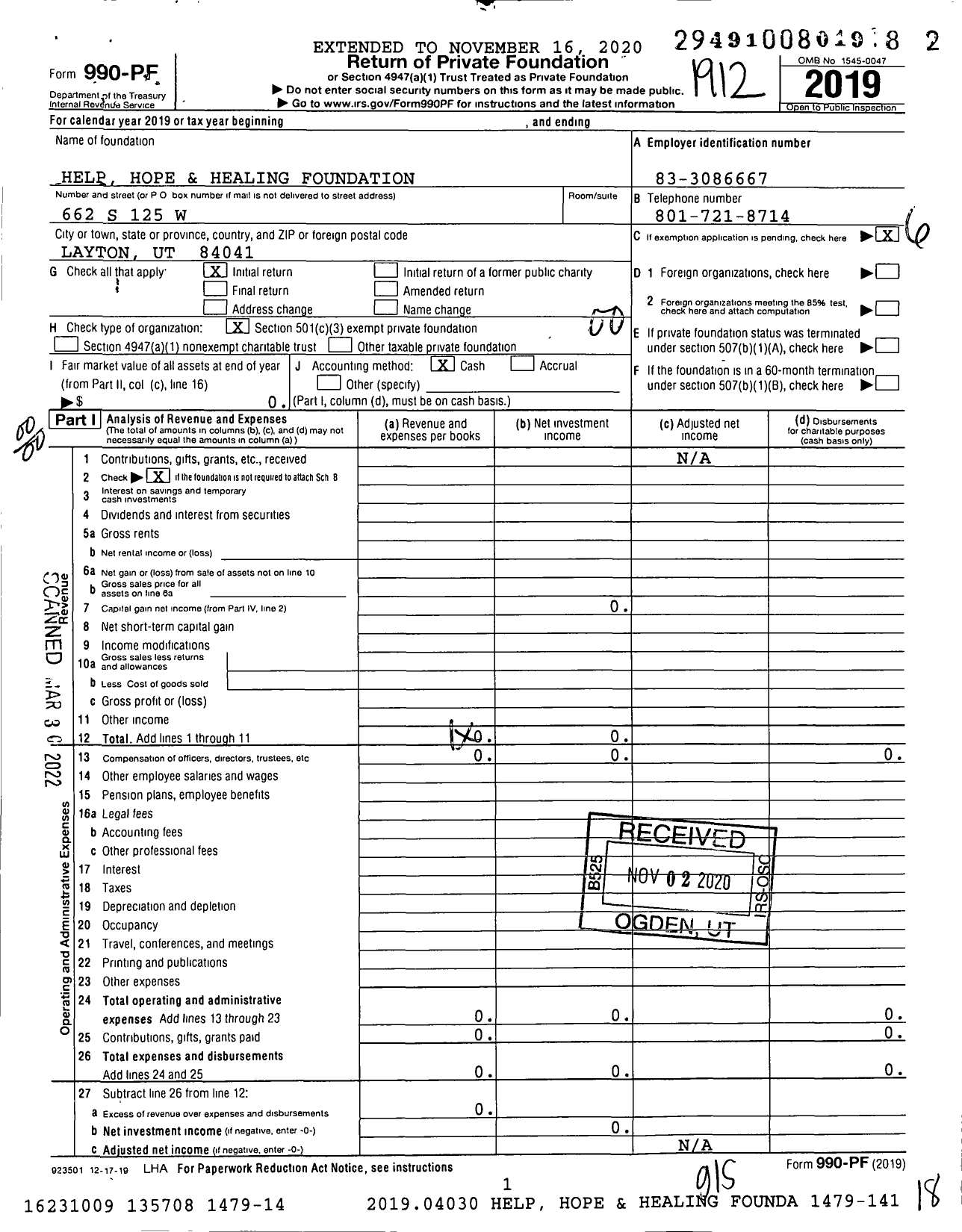 Image of first page of 2019 Form 990PF for Help Hope and Healing Foundation