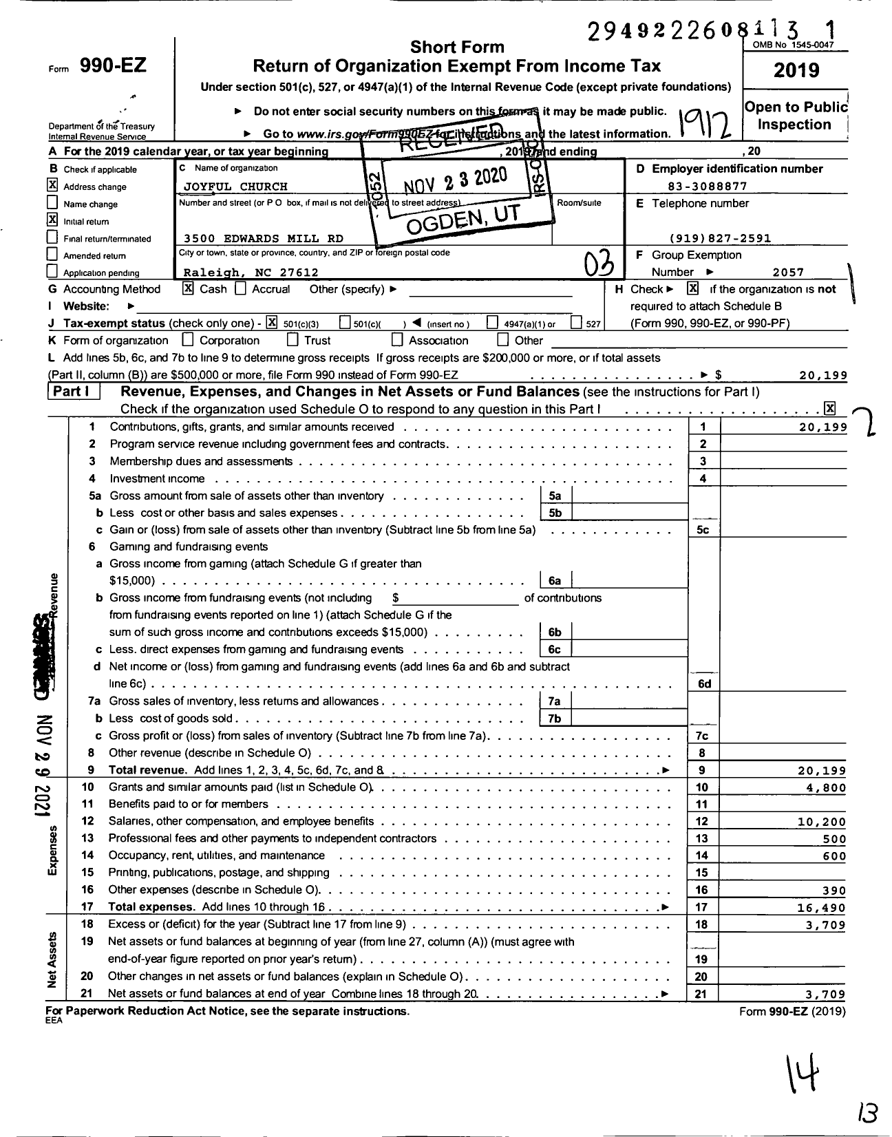 Image of first page of 2019 Form 990EZ for Joyful Church