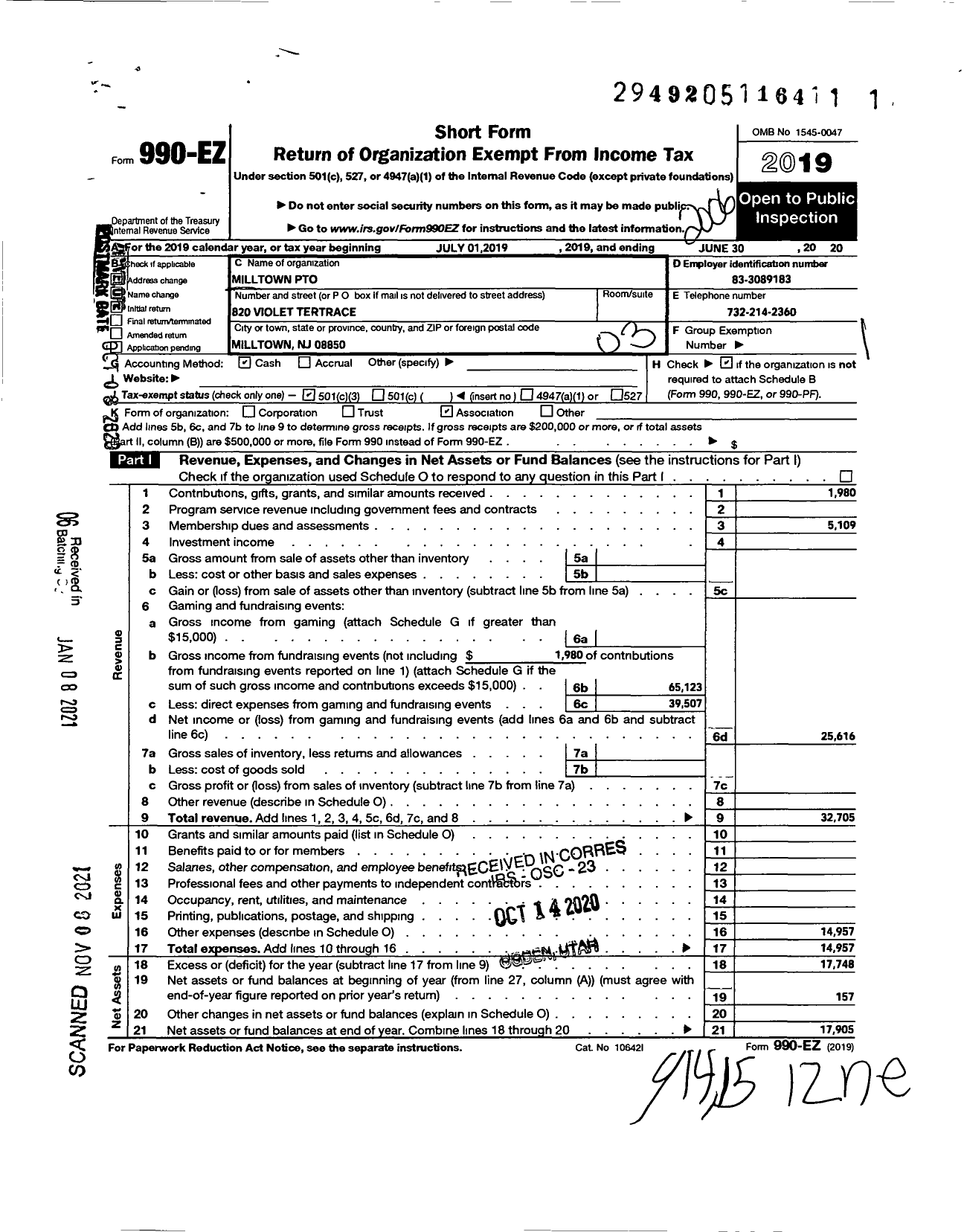 Image of first page of 2019 Form 990EZ for Milltown Pto