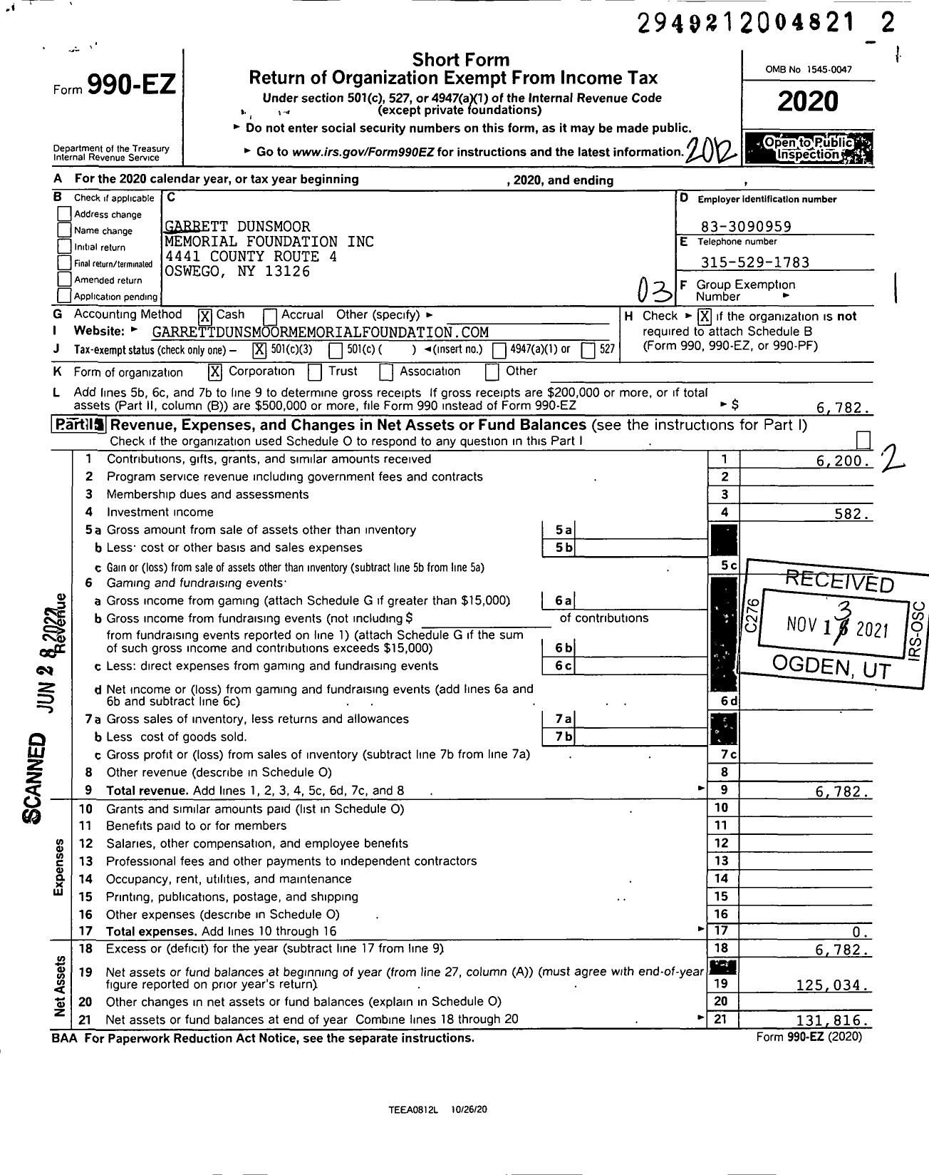 Image of first page of 2020 Form 990EZ for Garrett Dunsmoor Memorial Foundation