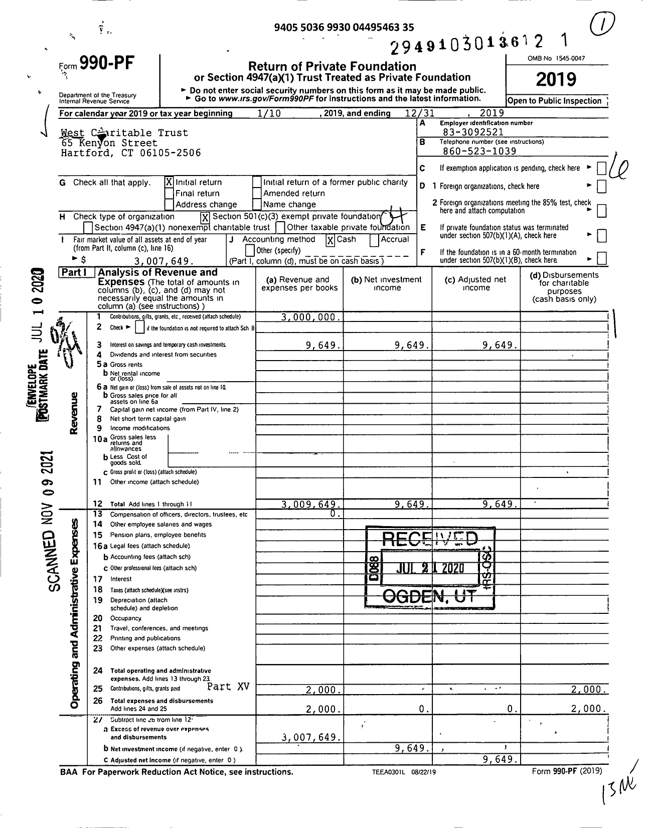 Image of first page of 2019 Form 990PF for West Charitable Trust