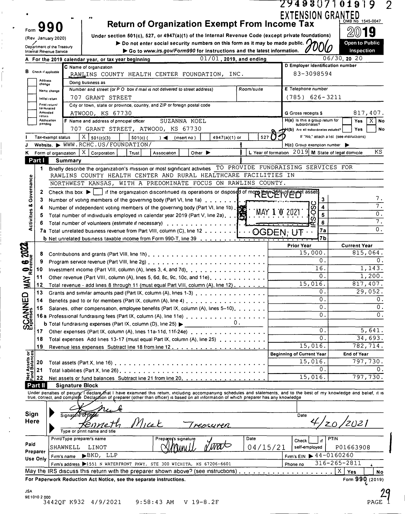 Image of first page of 2019 Form 990 for Rawlins County Health Center Foundation