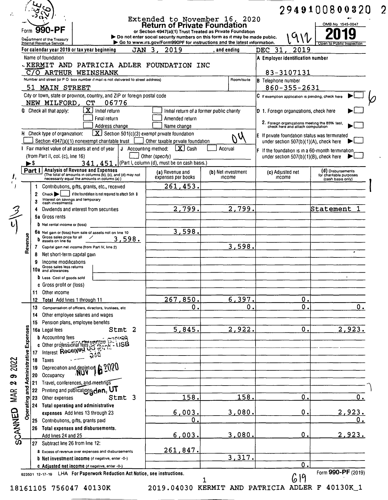 Image of first page of 2019 Form 990PF for Kermit and Patricia Adler Foundation