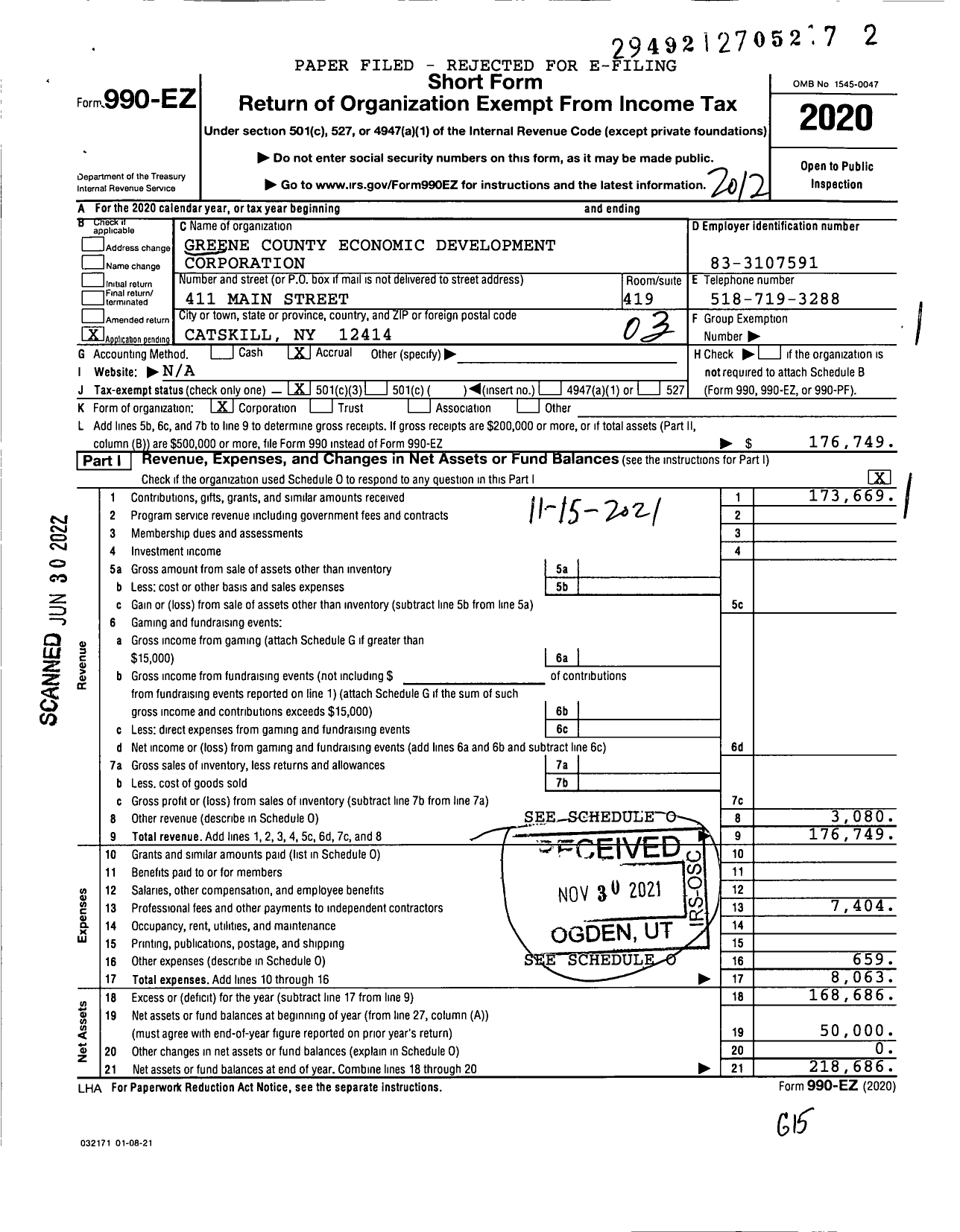 Image of first page of 2020 Form 990EZ for Greene County Economic Development Corporation