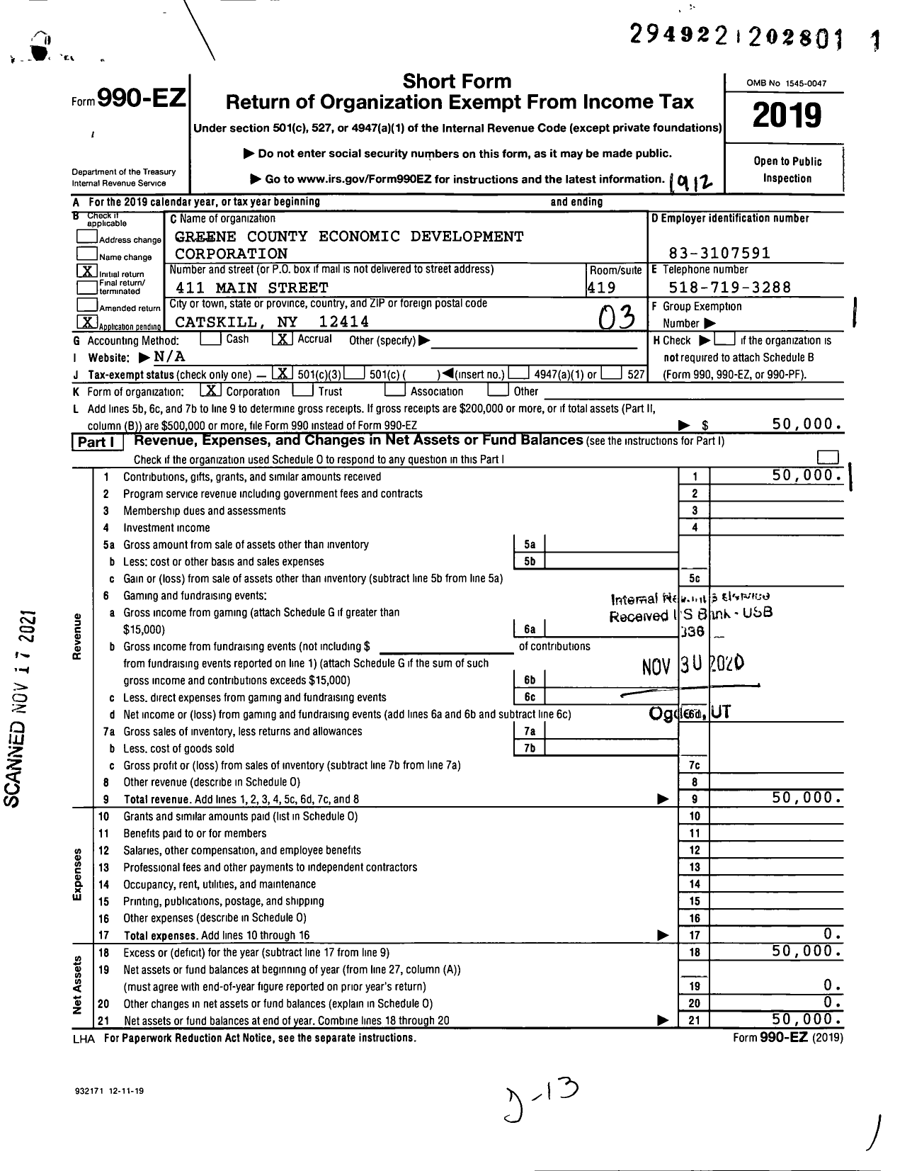 Image of first page of 2019 Form 990EZ for Greene County Economic Development Corporation