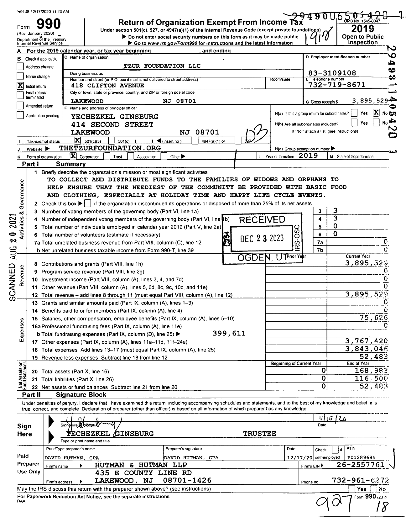 Image of first page of 2019 Form 990 for Tzur Foundation