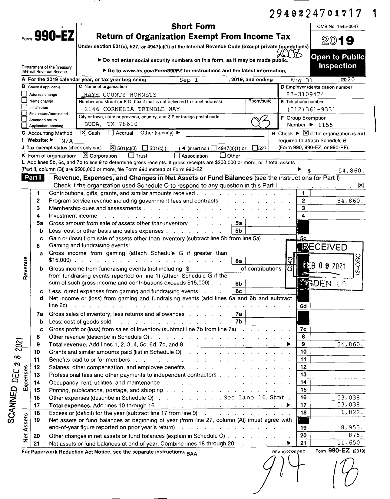 Image of first page of 2019 Form 990EZ for Amateur Athletic Union - Hays County Hornets