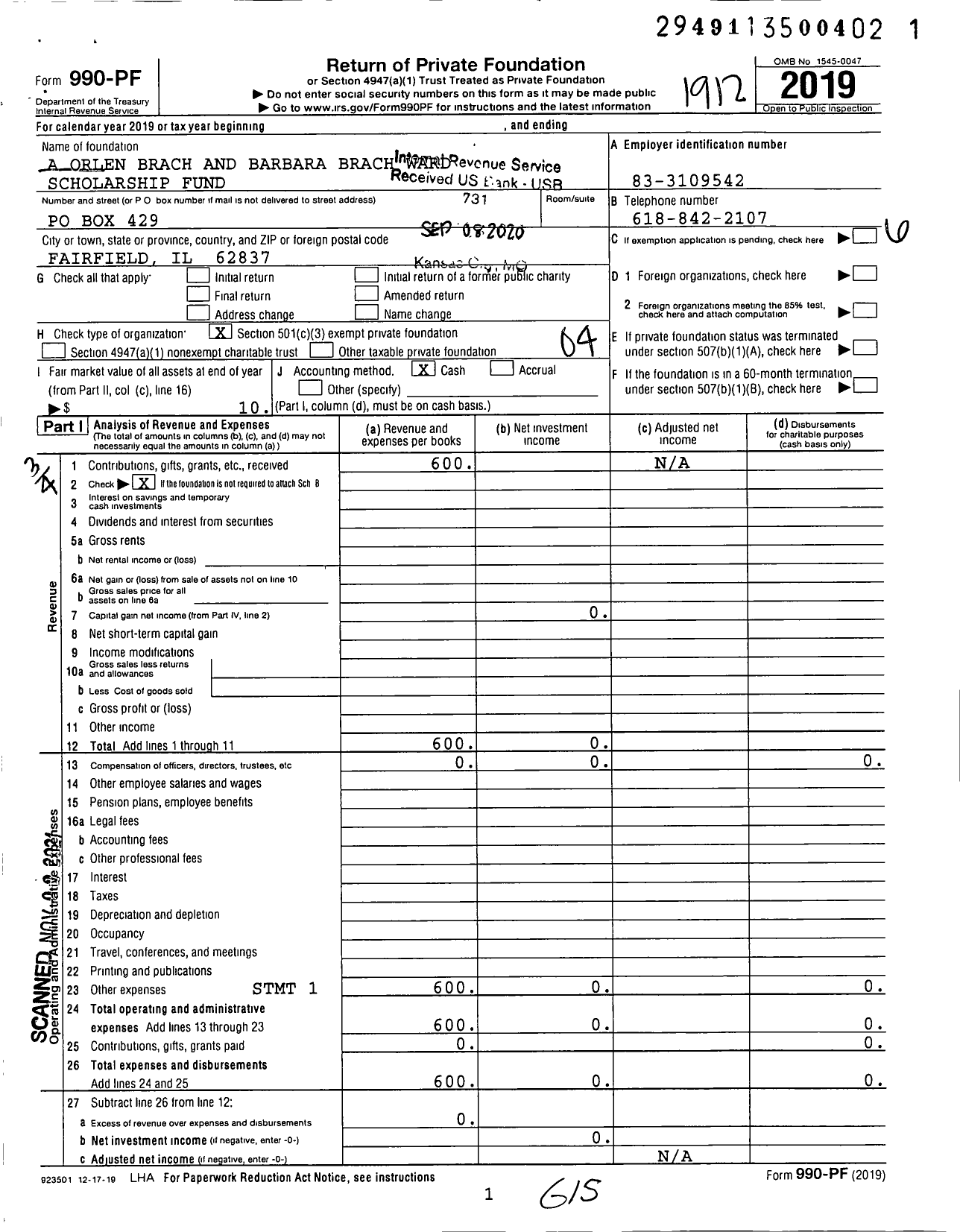 Image of first page of 2019 Form 990PF for A Orlen Brach and Barbara Brach Ward Scholarship Scholarship Fund