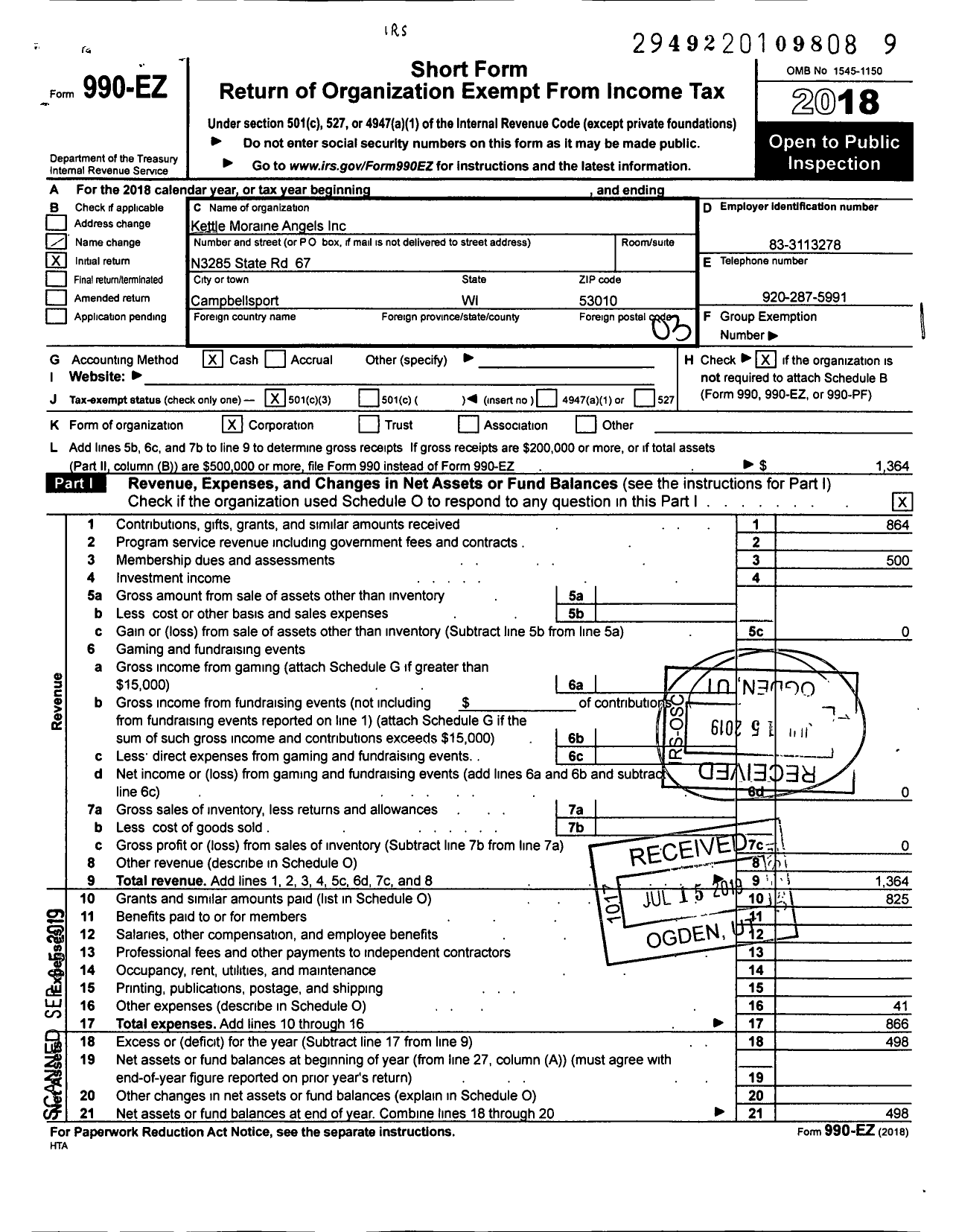 Image of first page of 2018 Form 990EZ for Kettle Moraine Angels