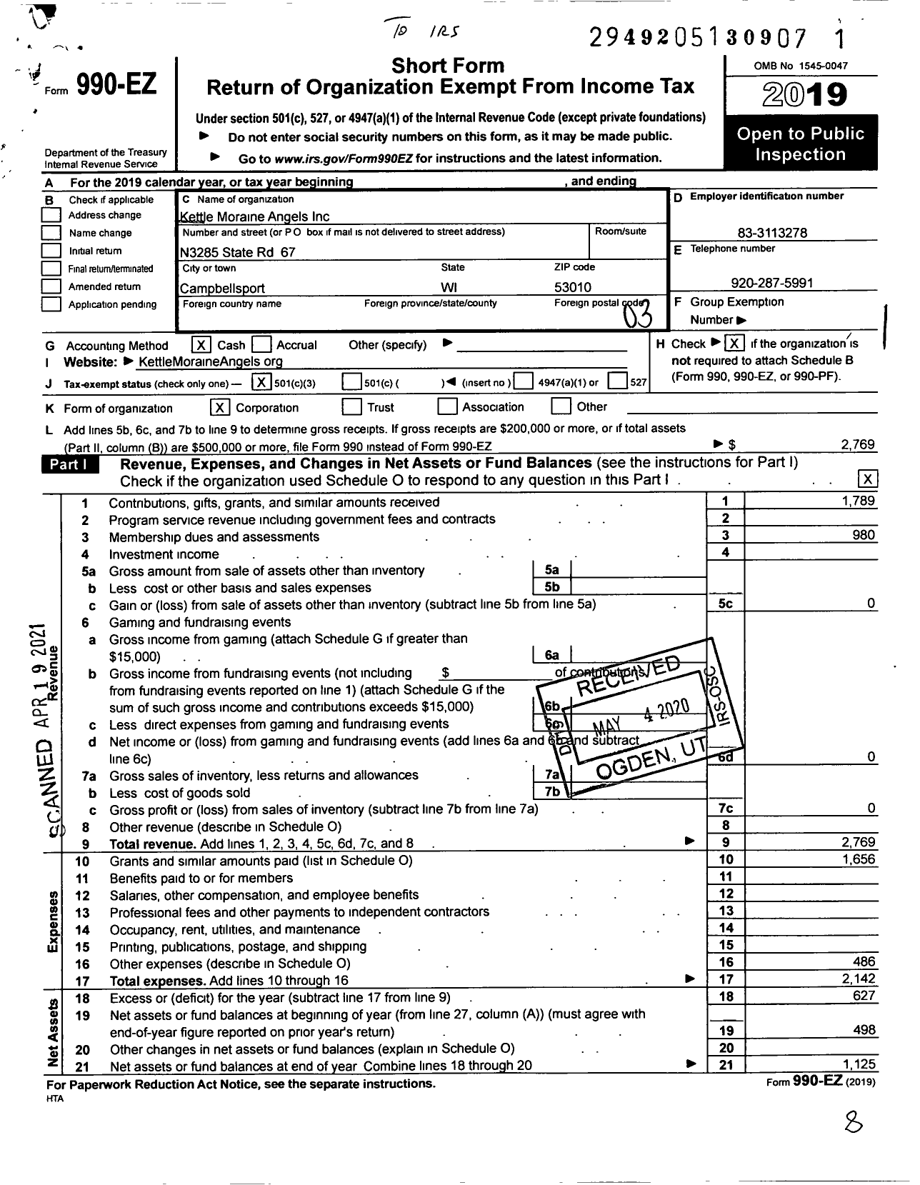 Image of first page of 2019 Form 990EZ for Kettle Moraine Angels