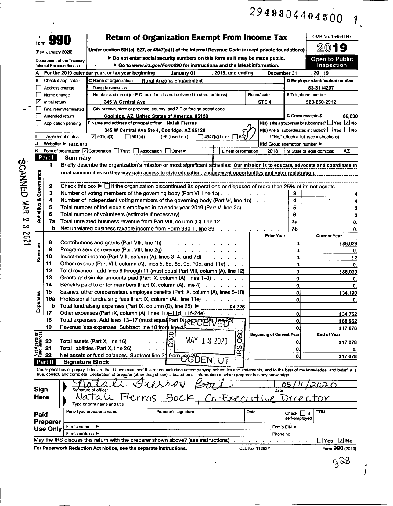 Image of first page of 2019 Form 990 for Rural Arizona Engagement