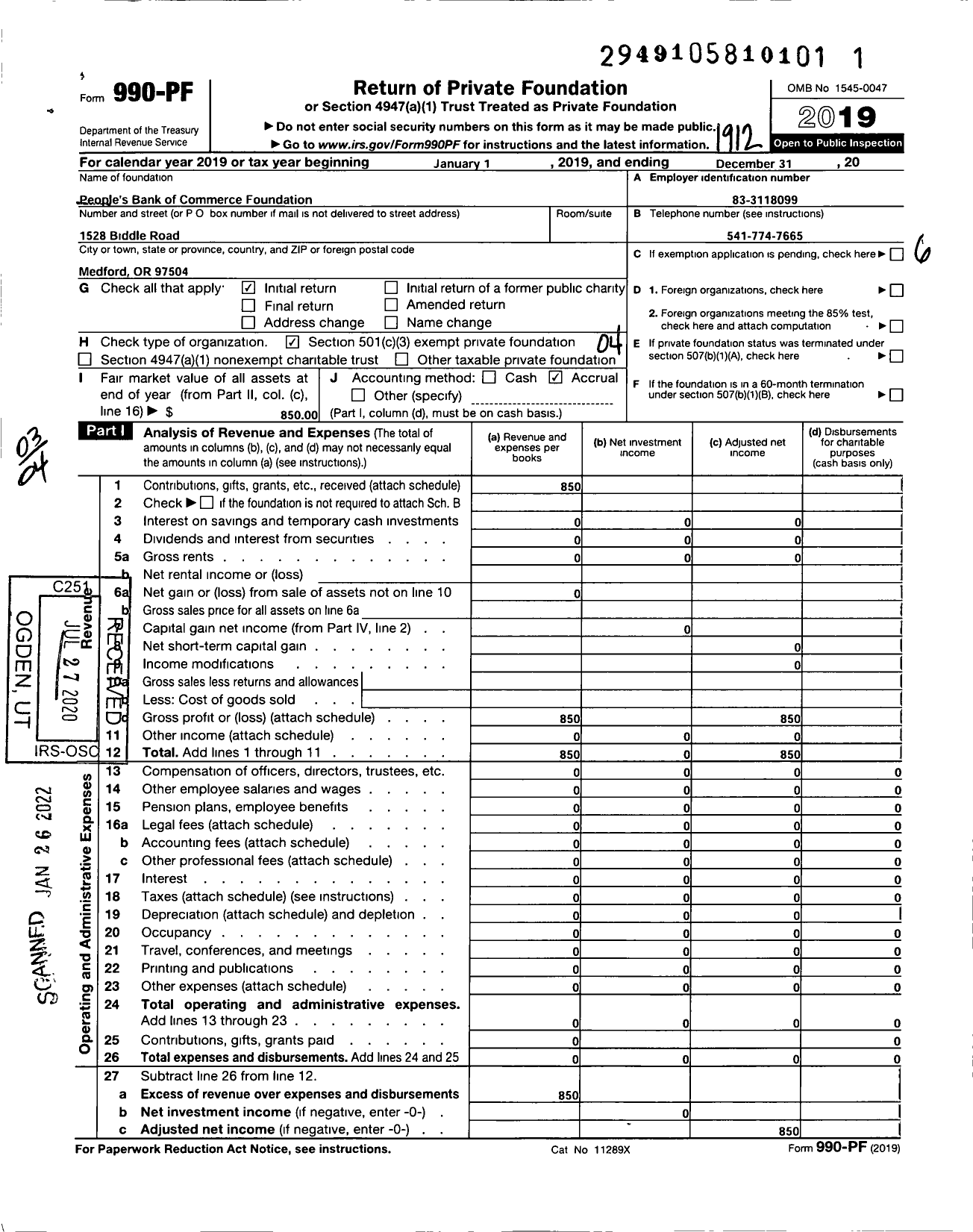 Image of first page of 2019 Form 990PF for People's Bank of Commerce Foundation