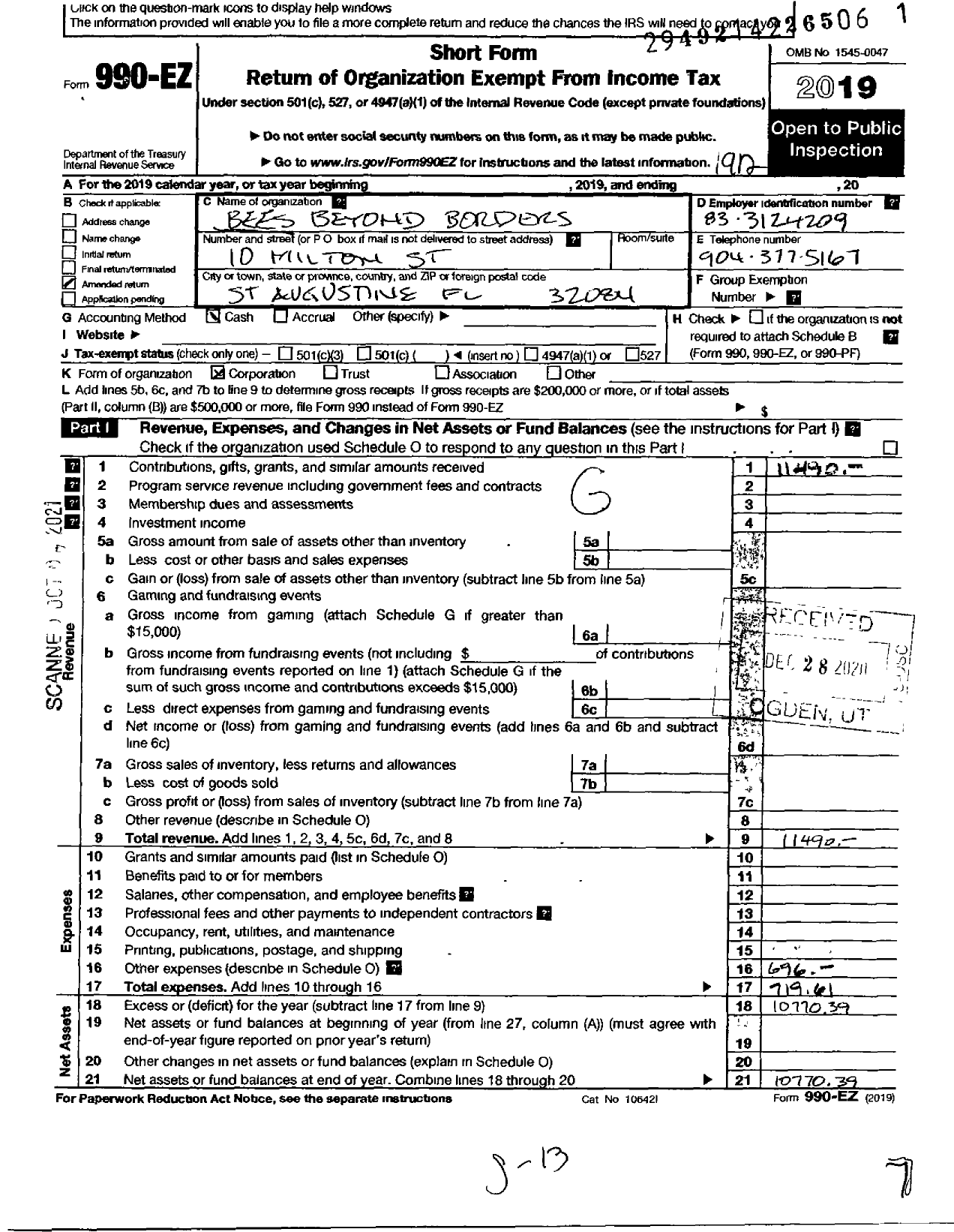 Image of first page of 2019 Form 990EO for Bees Beyond Borders