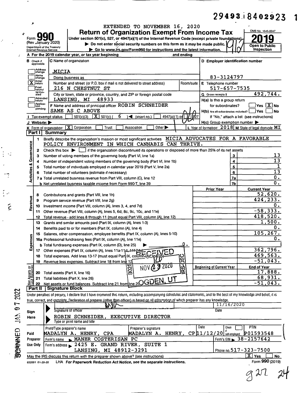 Image of first page of 2019 Form 990O for Micia